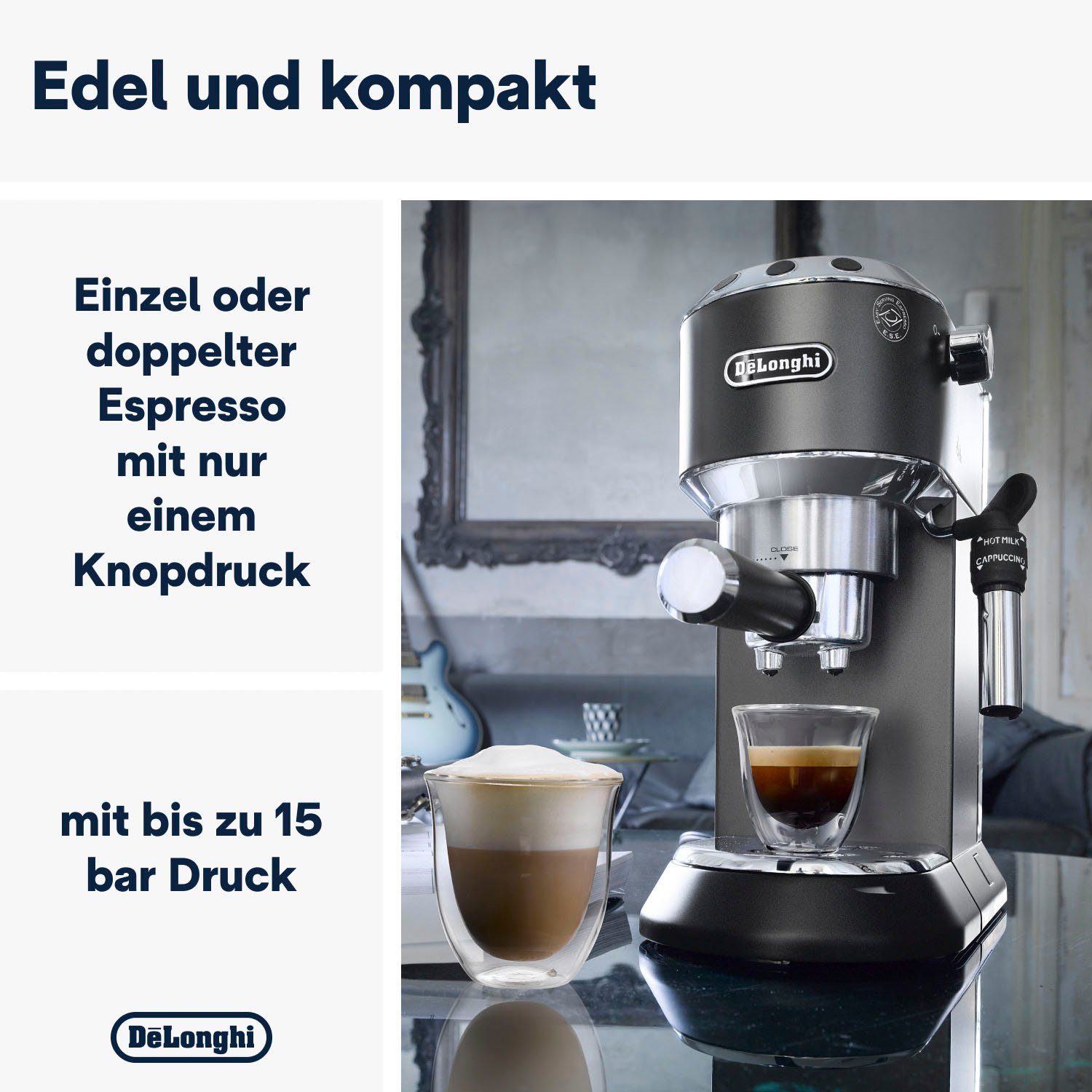 De'Longhi Espressomachine Dedica Style EC 685.B, Siebdrager, 1350 Watt, 15 Bar