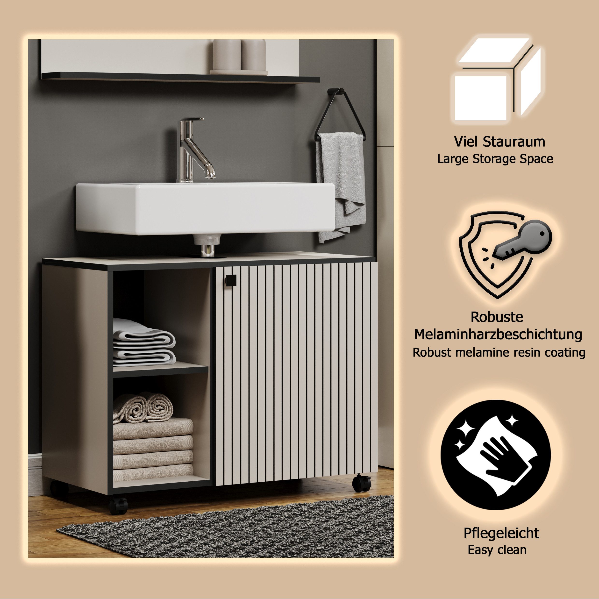 welltime Wastafelonderkast Amrum BxHxD 80 x 64 x 42 cm wastafelonderkast eiken rillen-look