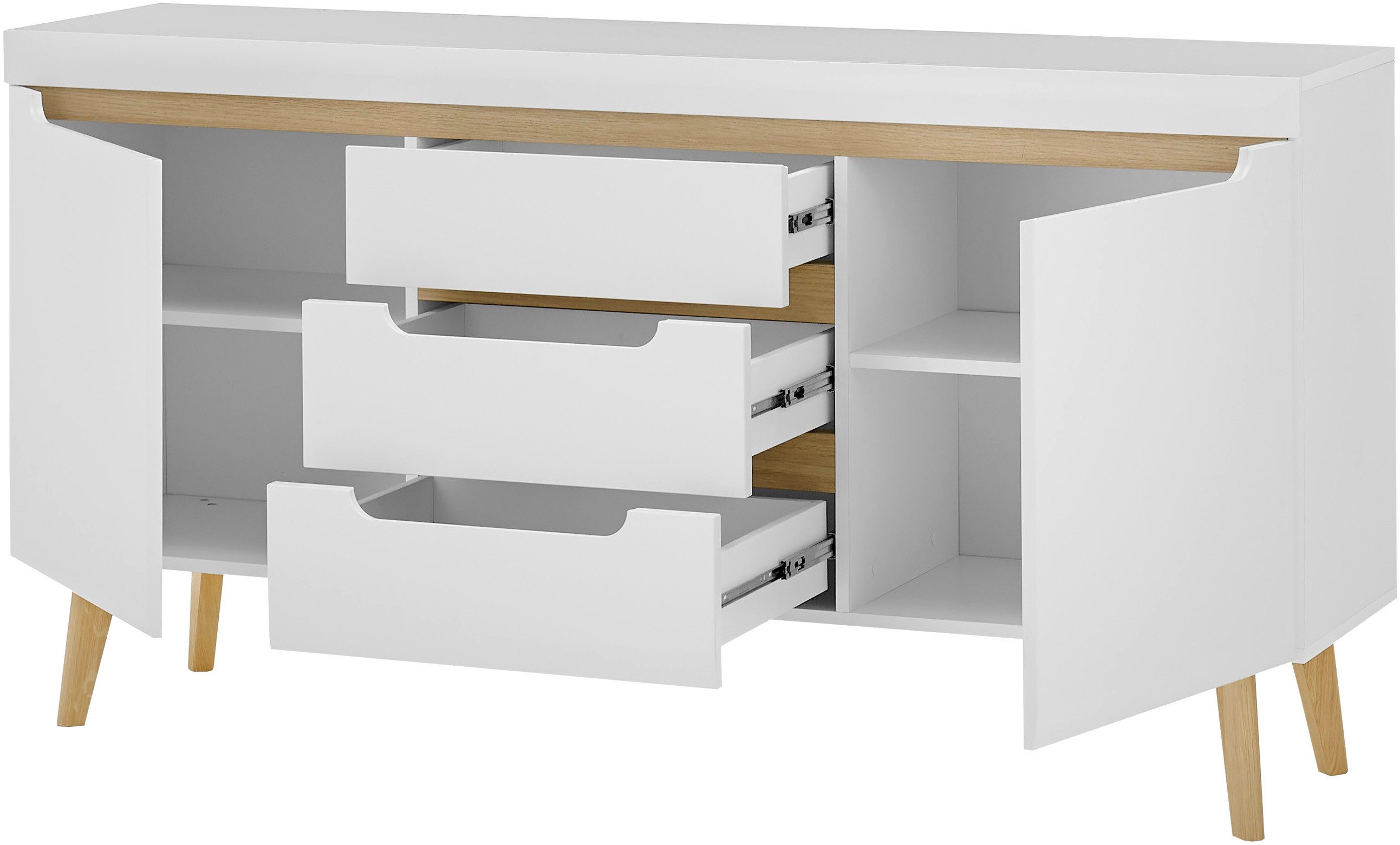 INOSIGN Dressoir Torge, dressoir, commode, ladekast afgeschuinde poten, drie kleuren, scandi design, 160 cm breed (1 stuk)