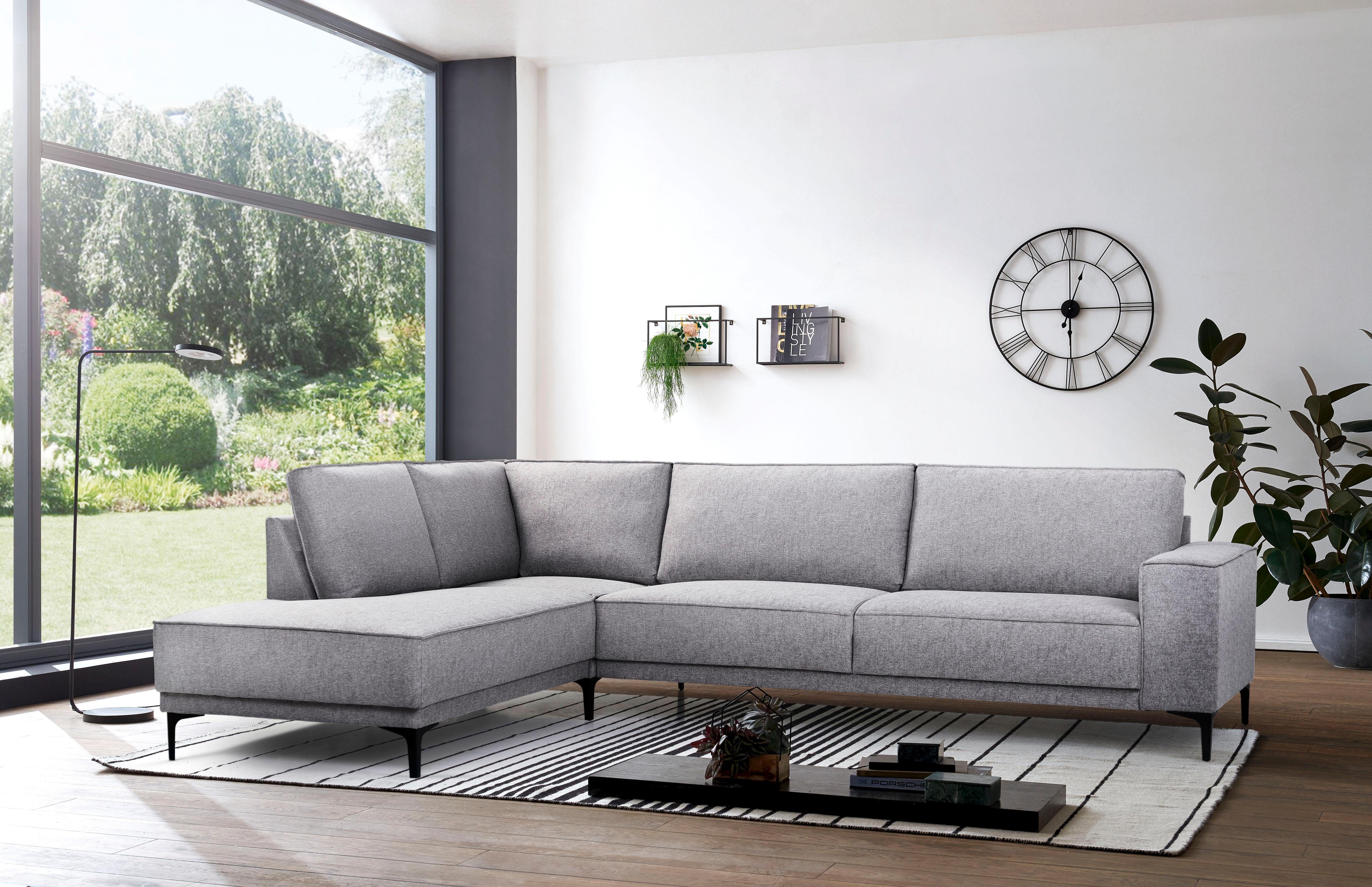 Places of Style Hoekbank Oland, structuur, platweefsel, luxe microvezel, bouclé L-vorm, 289 cm, golfondersteuning, Scandinavisch ontwerp, metalen poten