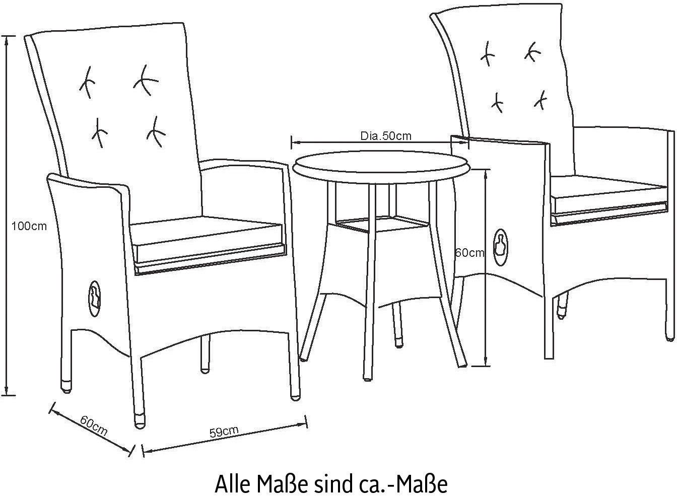 KONIFERA Tuin-eethoek Balkonset "Belluno" Polyrattan, stoelen zijn traploos verstelbaar, grijs, staal (set, 5-delig)