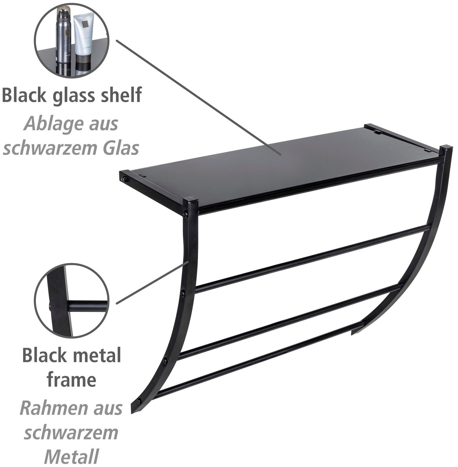 WENKO Wandplank Tarderia met glazen plank en 3 handdoekstangen