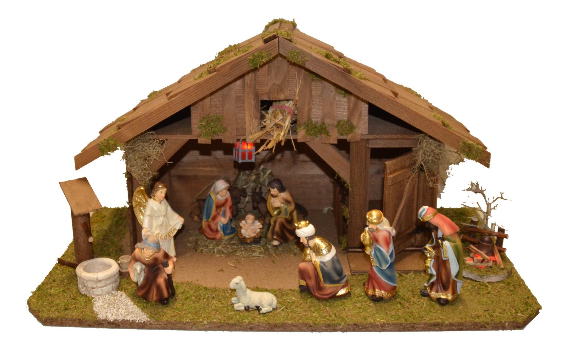 Alfred Kolbe Kribbe Kerststal zonder transformator met lantaarn, fontein, kampvuur, 11 cm, figuren 11-delig. (set) kerststallen bruin