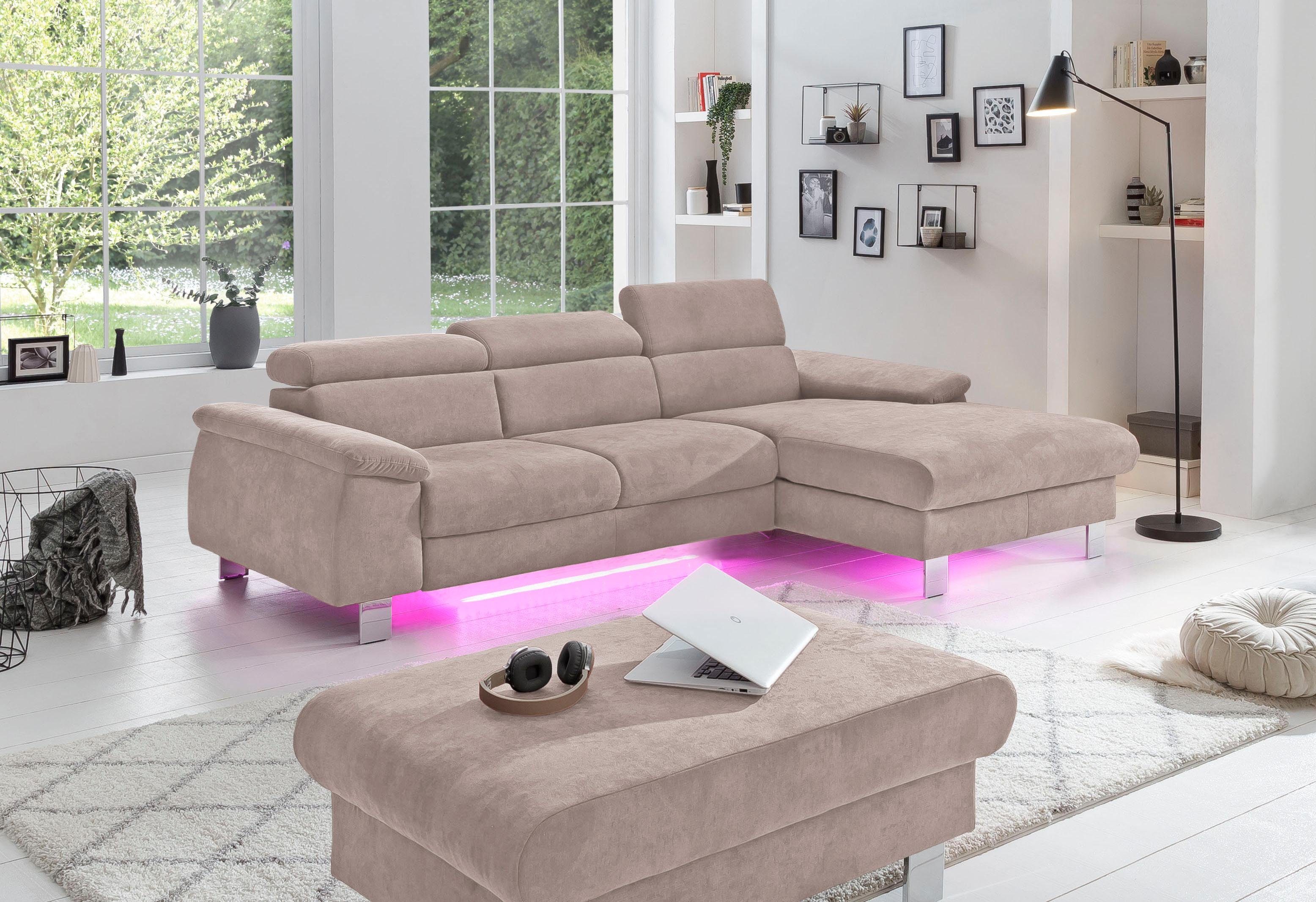 COTTA Hoekbank Komaris L-vorm met hoofdeindeverstelling keuze met bedfunctie, bedlade & verlichting
