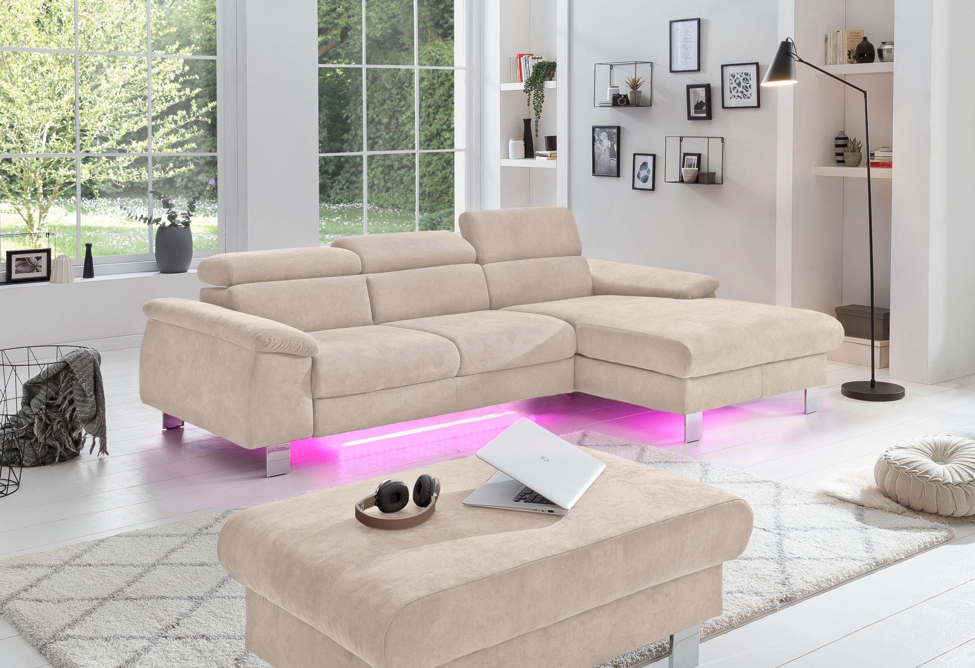 COTTA Hoekbank Komaris L-vorm met hoofdeindeverstelling keuze met bedfunctie, bedlade & verlichting