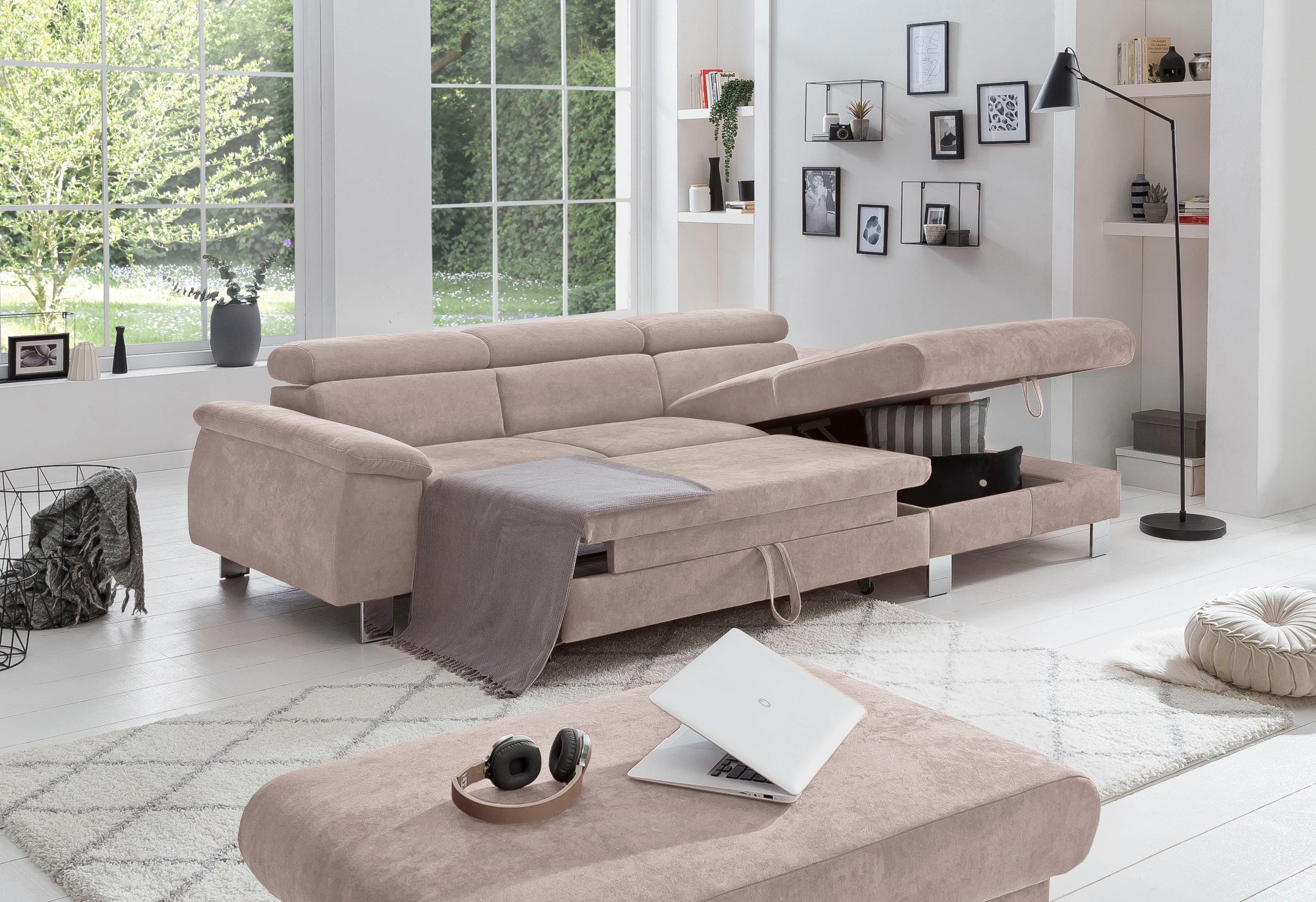 COTTA Hoekbank Komaris L-vorm met hoofdeindeverstelling keuze met bedfunctie, bedlade & verlichting