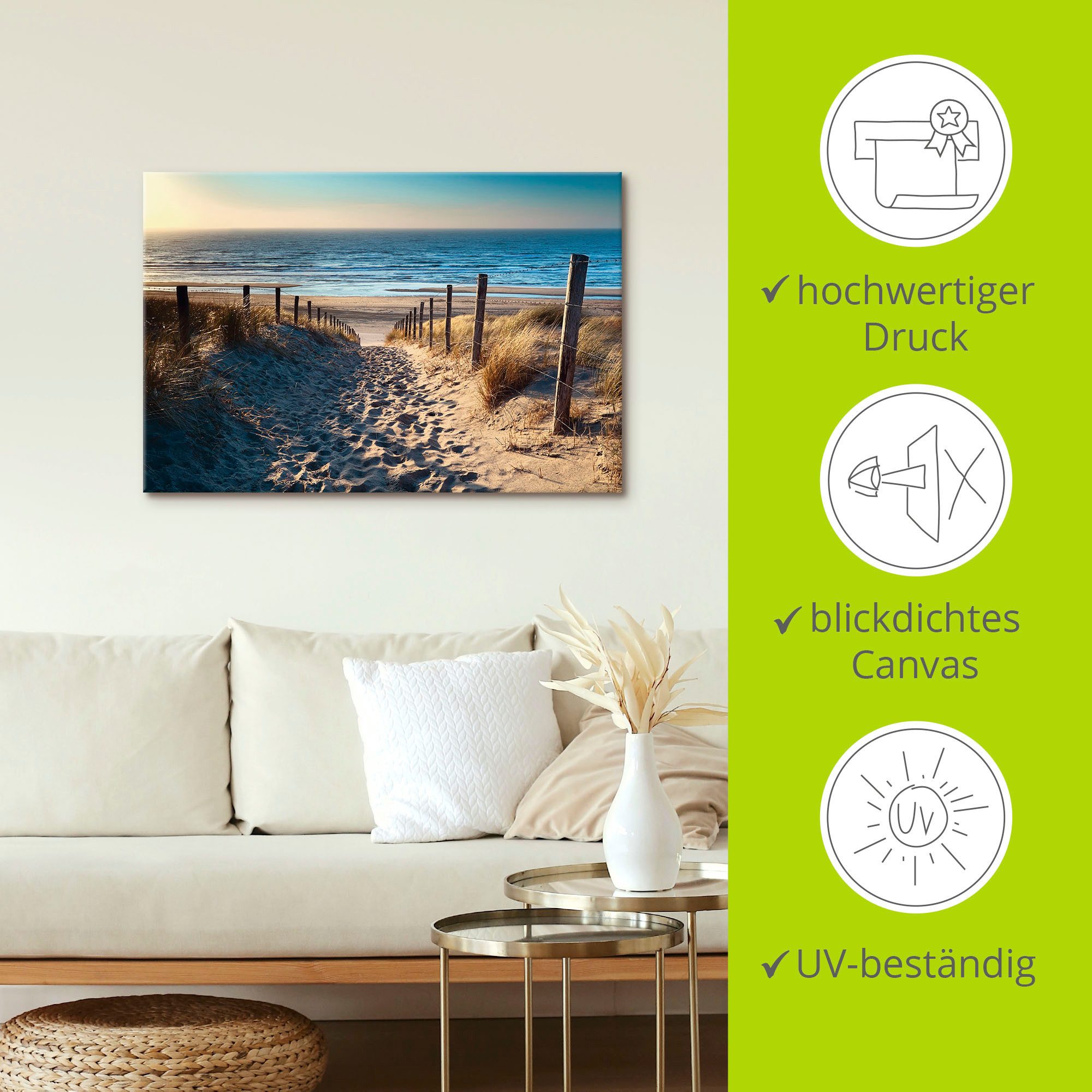 Artland Artprint Weg naar het Noordzeestrand zonsondergang als artprint van aluminium, artprint voor buiten, artprint op linnen, poster, muursticker