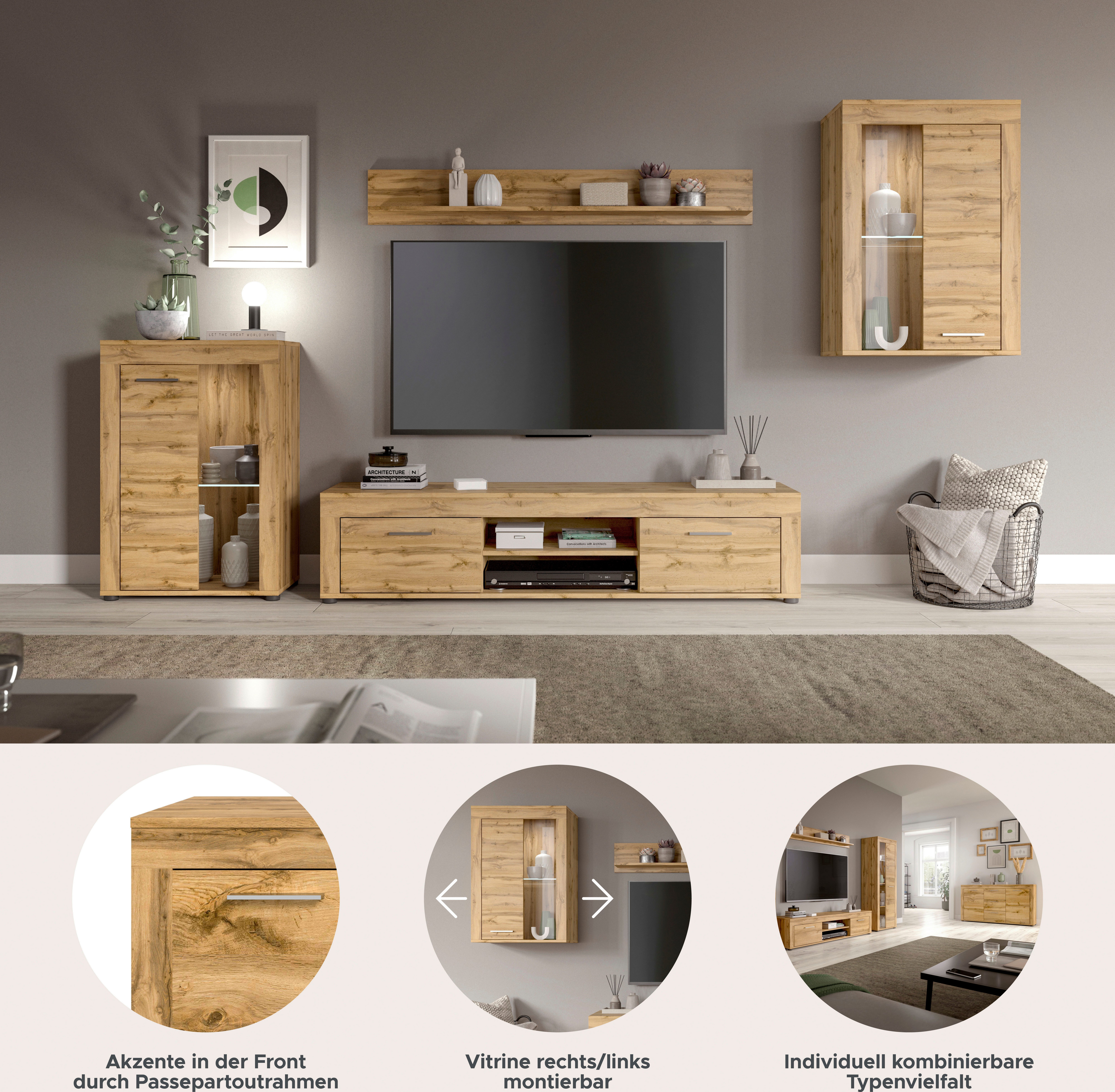 INOSIGN Wandmeubel Aosta, 4-delig, bestaande uit: 2x vitrinekast, lowboard & wandplank (4-delig)