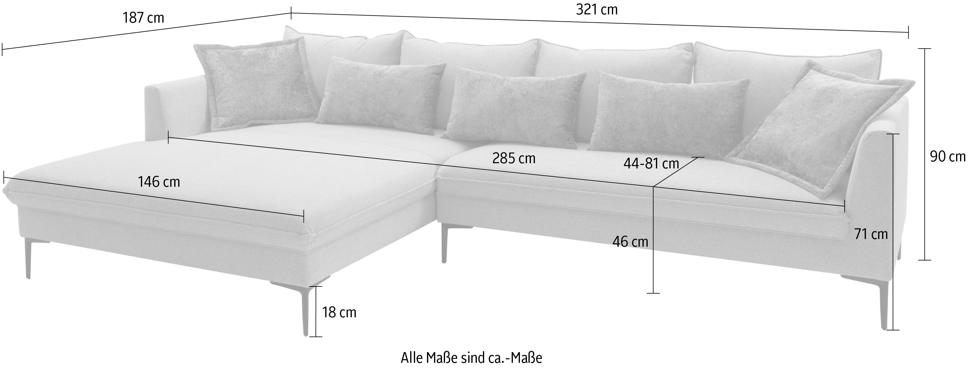 exxpo - sofa fashion Hoekbank Piazza, elegant en chic, designbank met geweldig zitcomfort, Longchair hoek in hoogwaardige afwerking, afmetingen 321x187cm (2-delig)