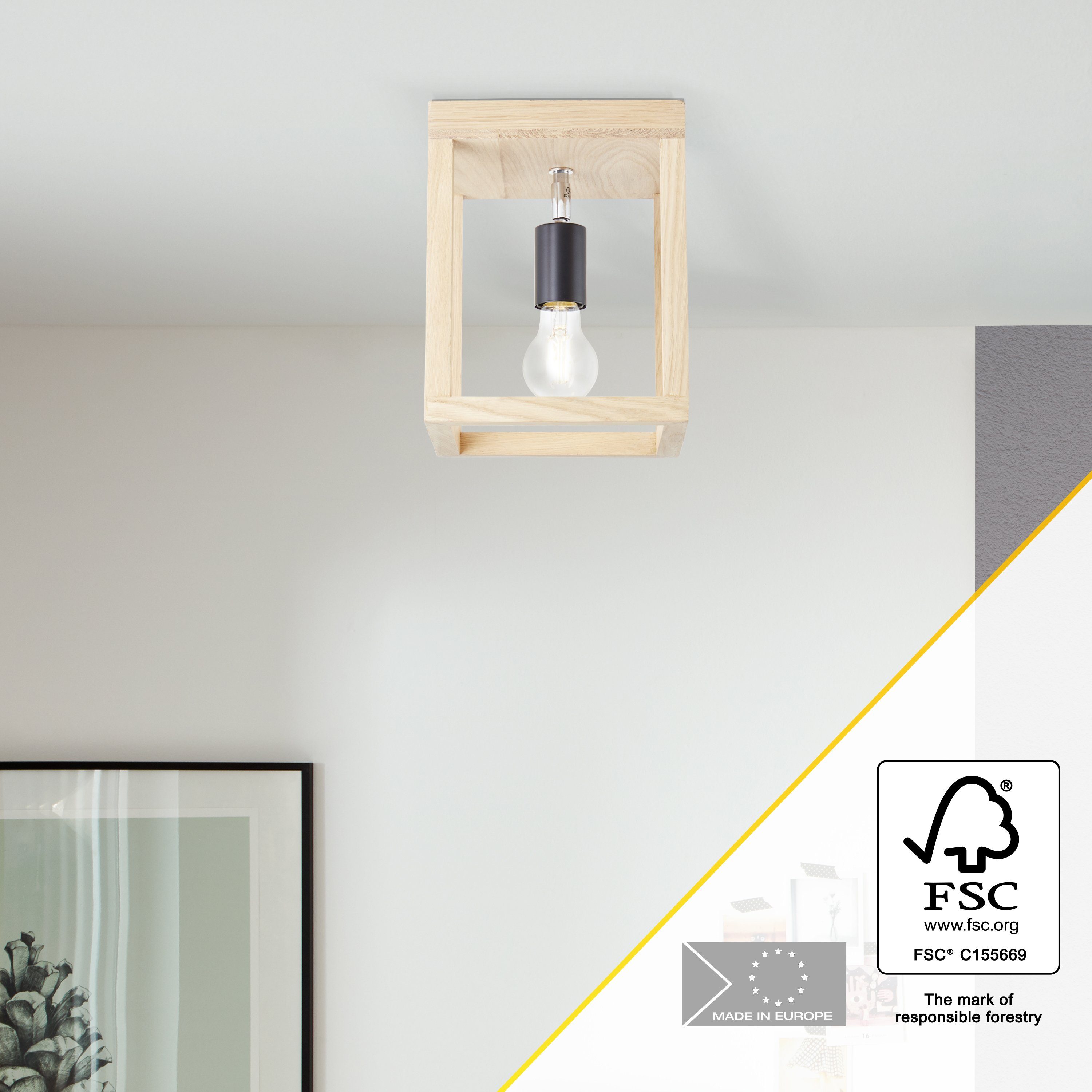 Brilliant Leuchten Plafondlamp Nerea 25 x 20 x 20 cm, e27, hout / metaal, geolied eiken (1 stuk)