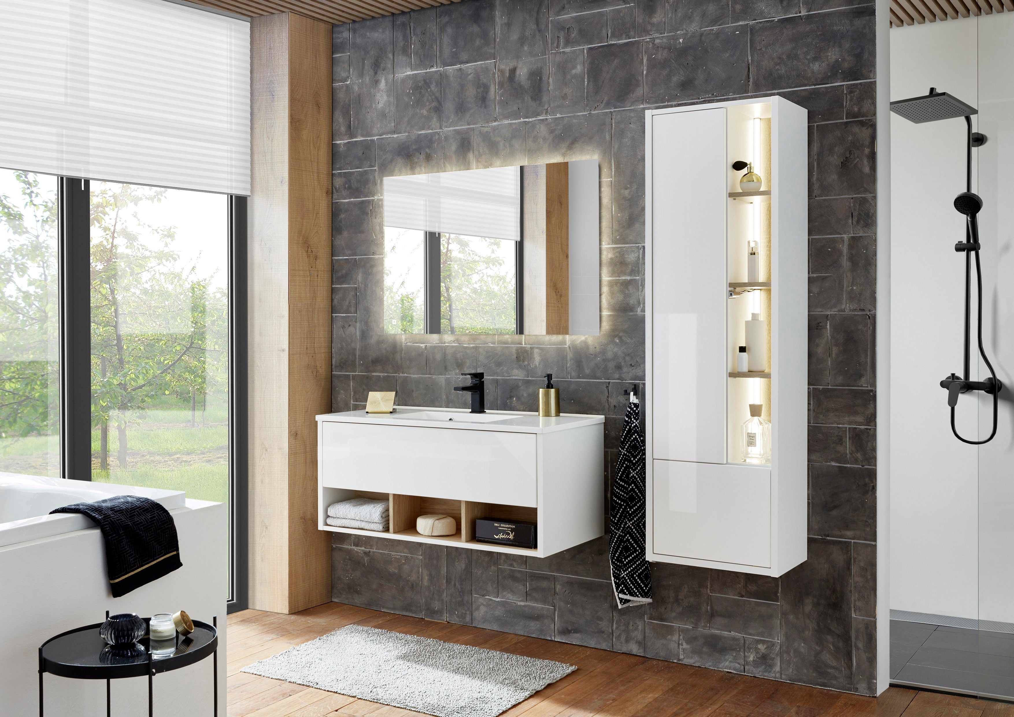 Places of Style Badkamerserie Studio Line, bad in modern ontwerp, 3-delig badkamer Kast, wastafel en spiegel, in twee kleuren beschikbaar, opbergruimte (3-delig)