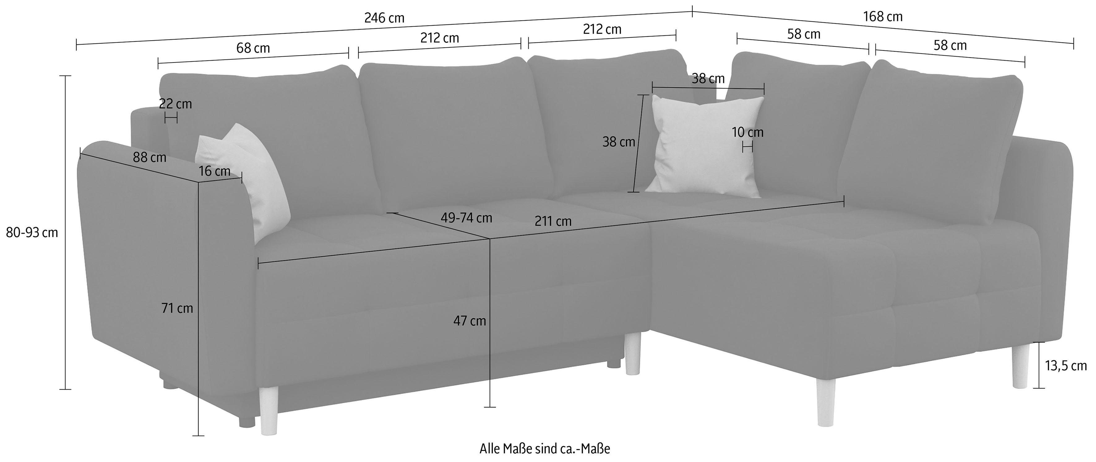 Home affaire Hoekbank Nordic L-vorm met slaapfunctie en bedkist, stiksels, binnenvering, 2 sierkussens