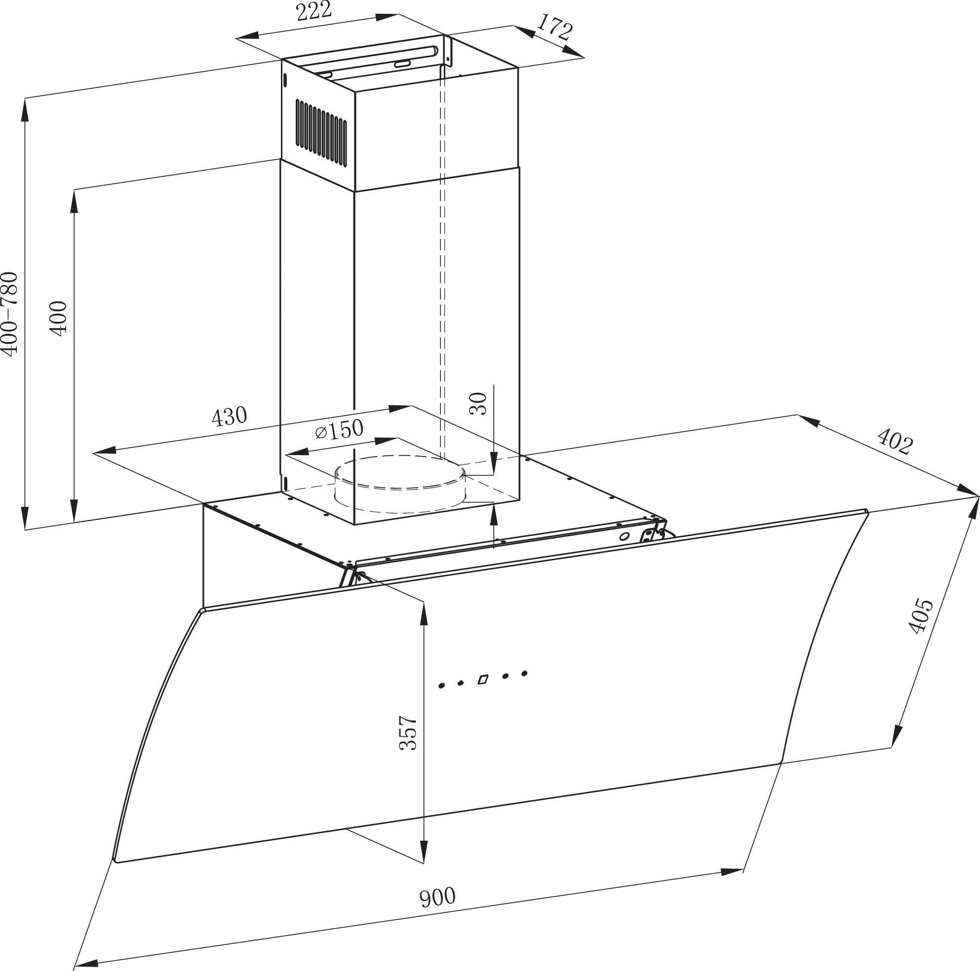 RESPEKTA Schuine wandkap CH 55090 90 cm, zonder kap, gebogen, 3 vermogensniveaus, geschikt voor afzuiging en recirculatie