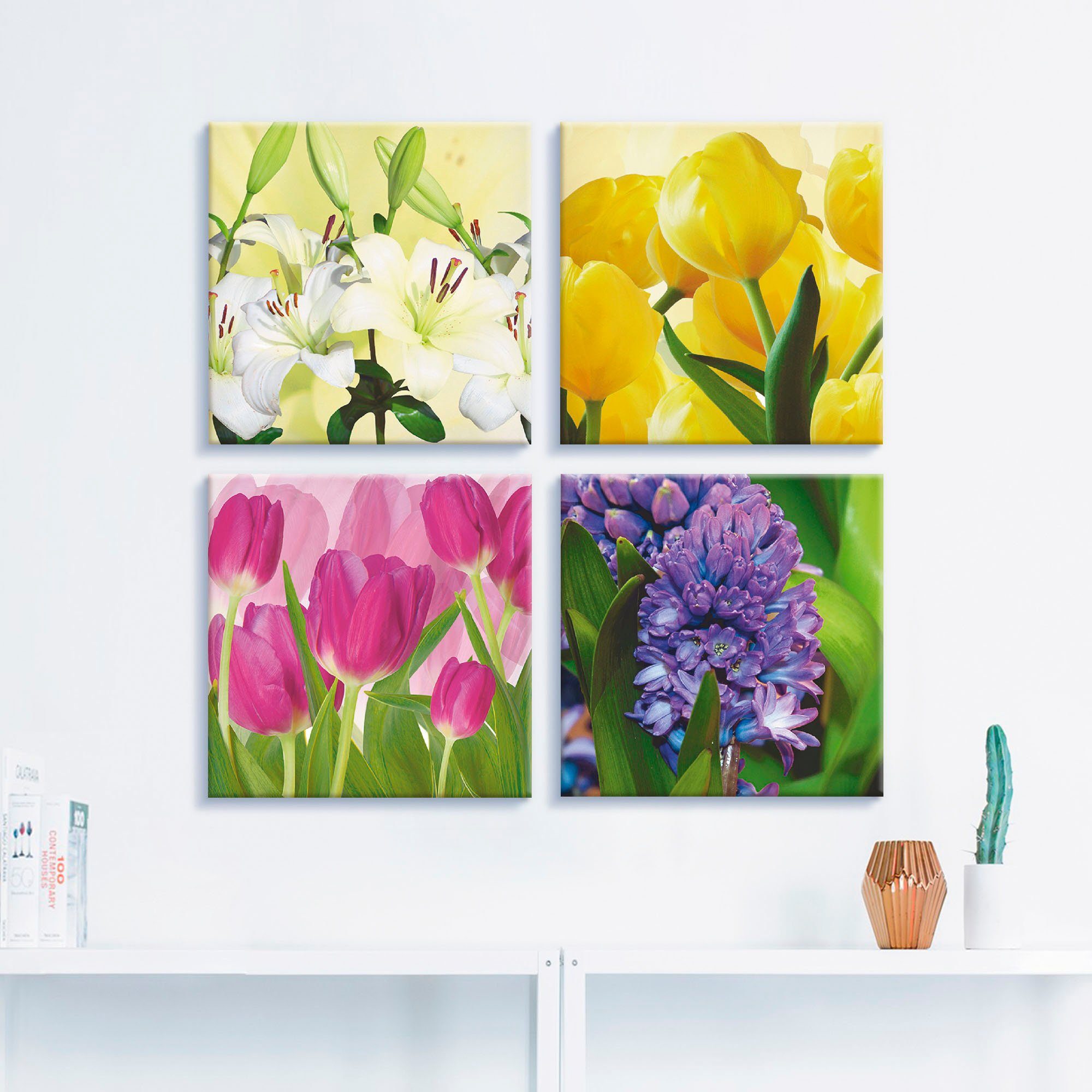 Artland Artprint op linnen Tulpen lelies hyacint set van 4, verschillende maten (4-delig)