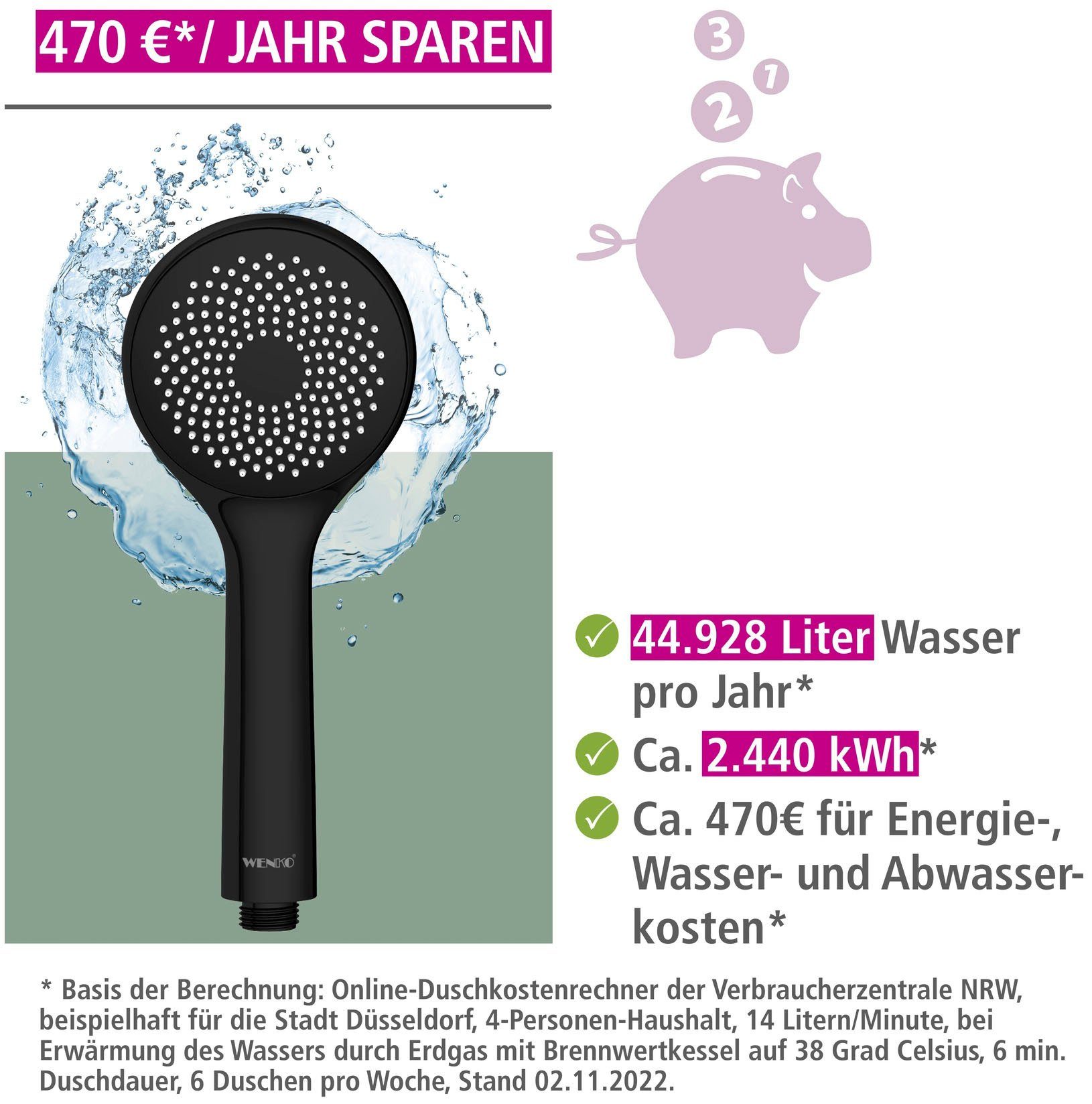 WENKO Handsproeier Watersaving Mat zwart, Ø 9,5 cm (1-delig)