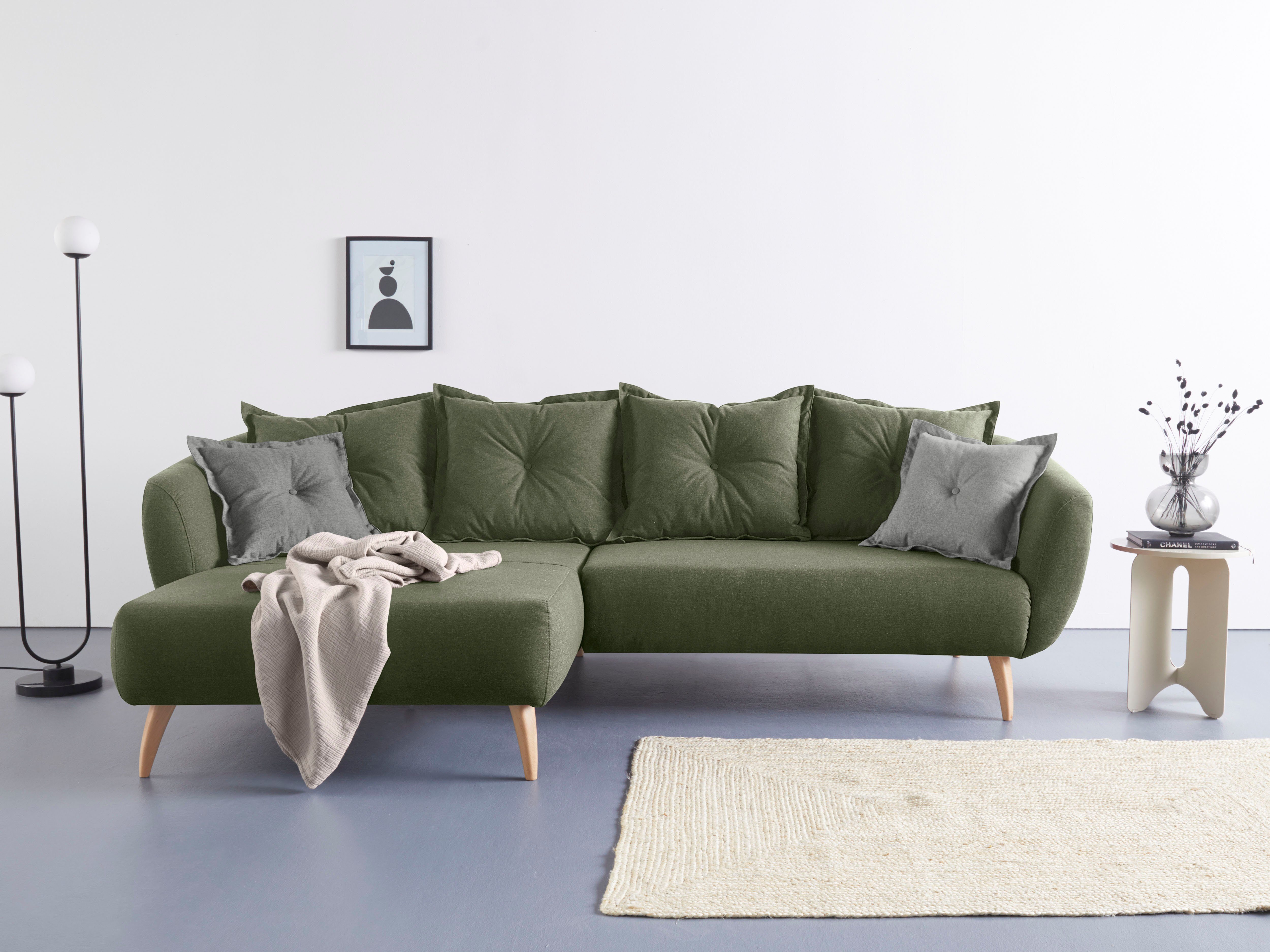 Home affaire Hoekbank Baggio L-vorm Sierkussen inclusief groen, hoekbanken, Recamiere links