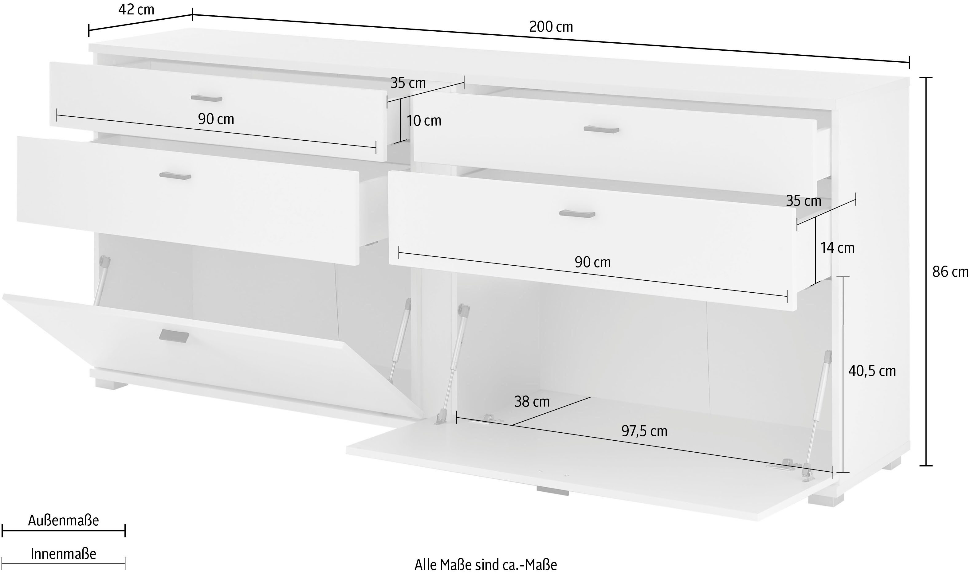 INOSIGN Dressoir Long Island in moderne trendkleur, inclusief verticale verlichting, breedte 200 cm (1 stuk)
