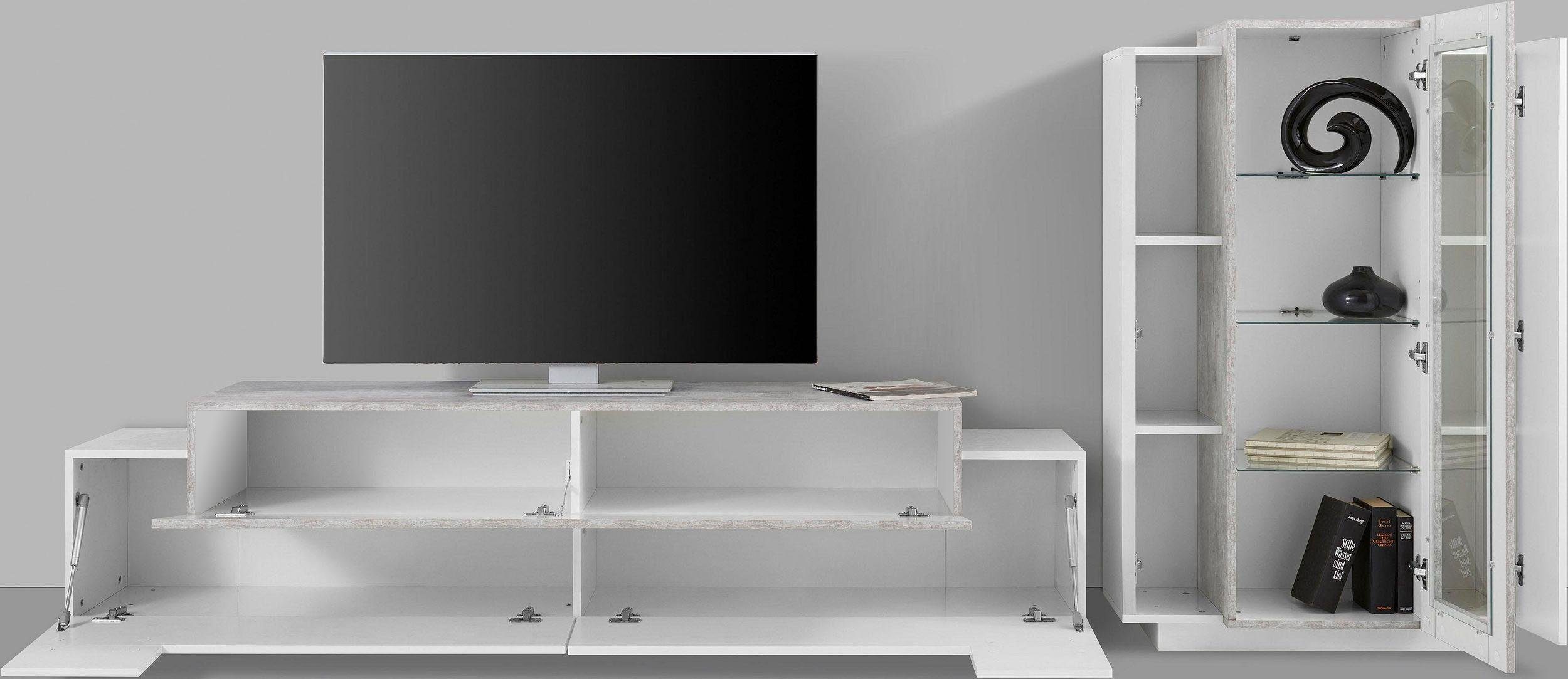 INOSIGN Wandmeubel Coro, aanbouwwand, mediawand Lowboard met 4 vakken, breedte 200 cm en vitrinekast met 3 deuren, breedte 80 cm (set, 2 stuks)