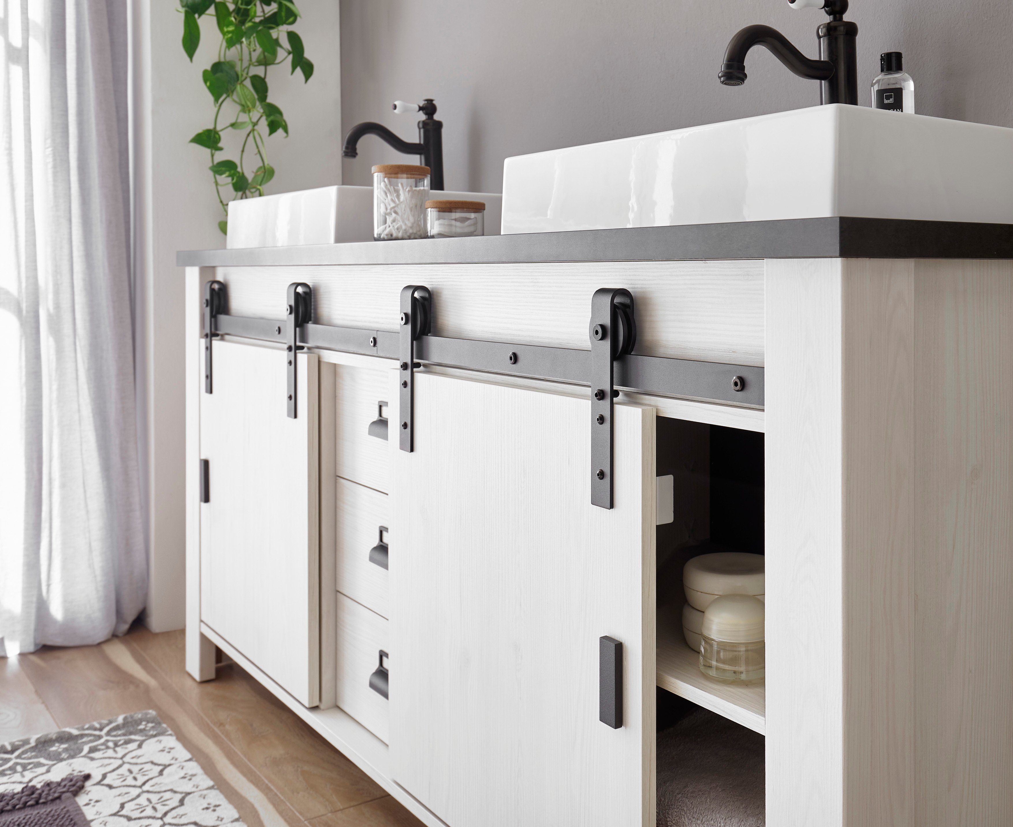 Home affaire Wastafelonderkast Sherwood Hout, schuurdeurbeslag en apothekersgrepen van metaal, hoogte 91 cm (1 stuk)