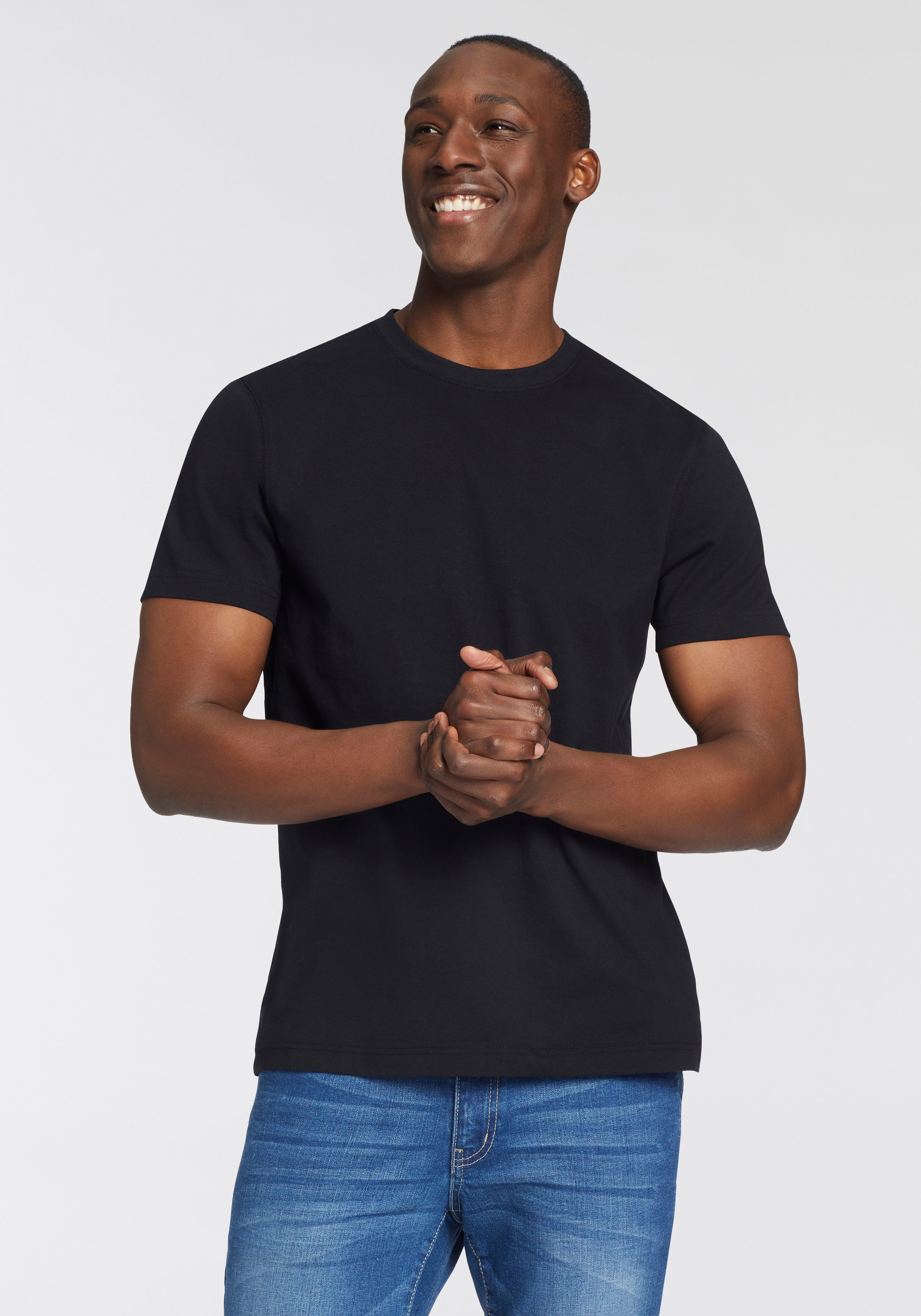 Man's World Shirt met ronde hals Korte mouw, effen kleur, ronde hals, van katoen(2-delig, Set van 2)