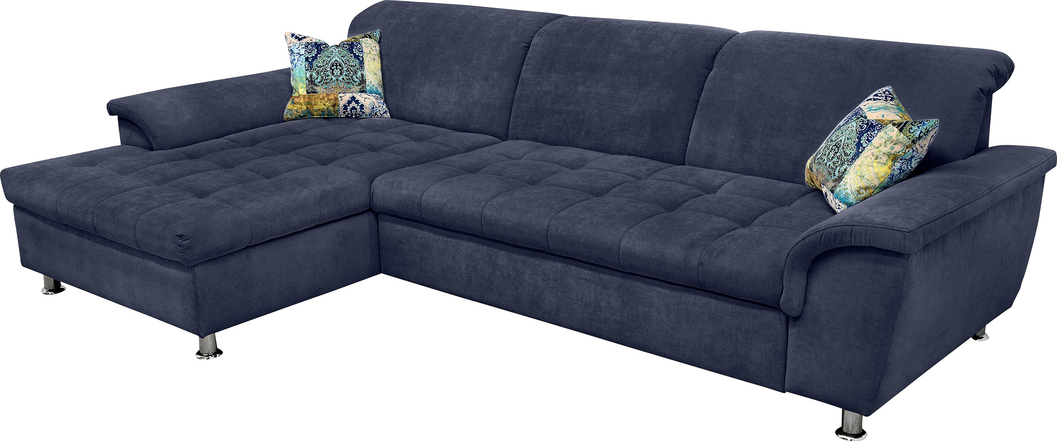 DOMO collection Hoekbank Franzi stiksels op de zitting B7T/H: 278x162x80 cm, L-model naar keuze met slaapfunctie, bedkist en verstelbare hoofdsteun