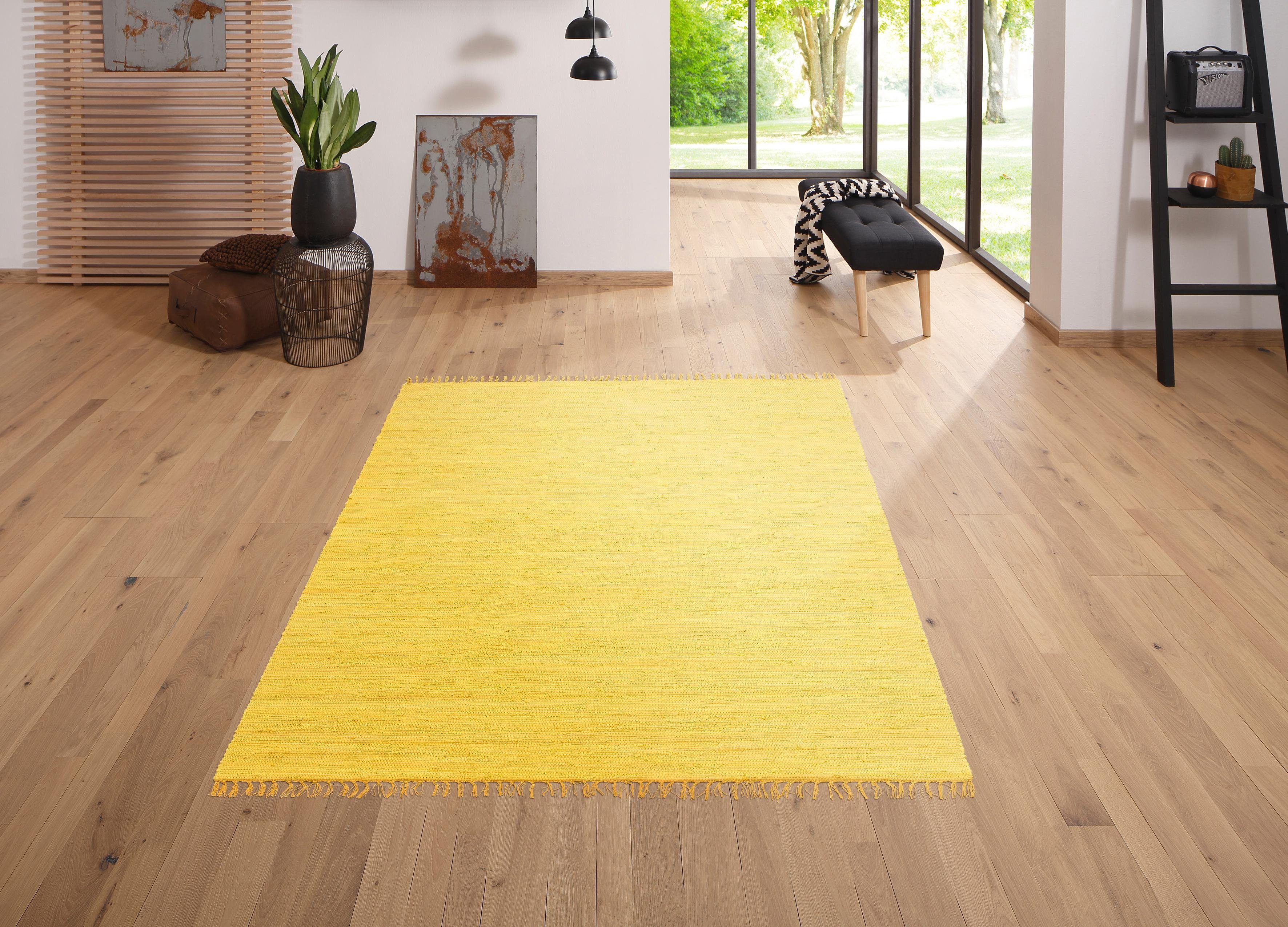 my home Vloerkleed Ares Effen kleuren, handgeweven, met franjes, puur katoen, wasbaar, loper