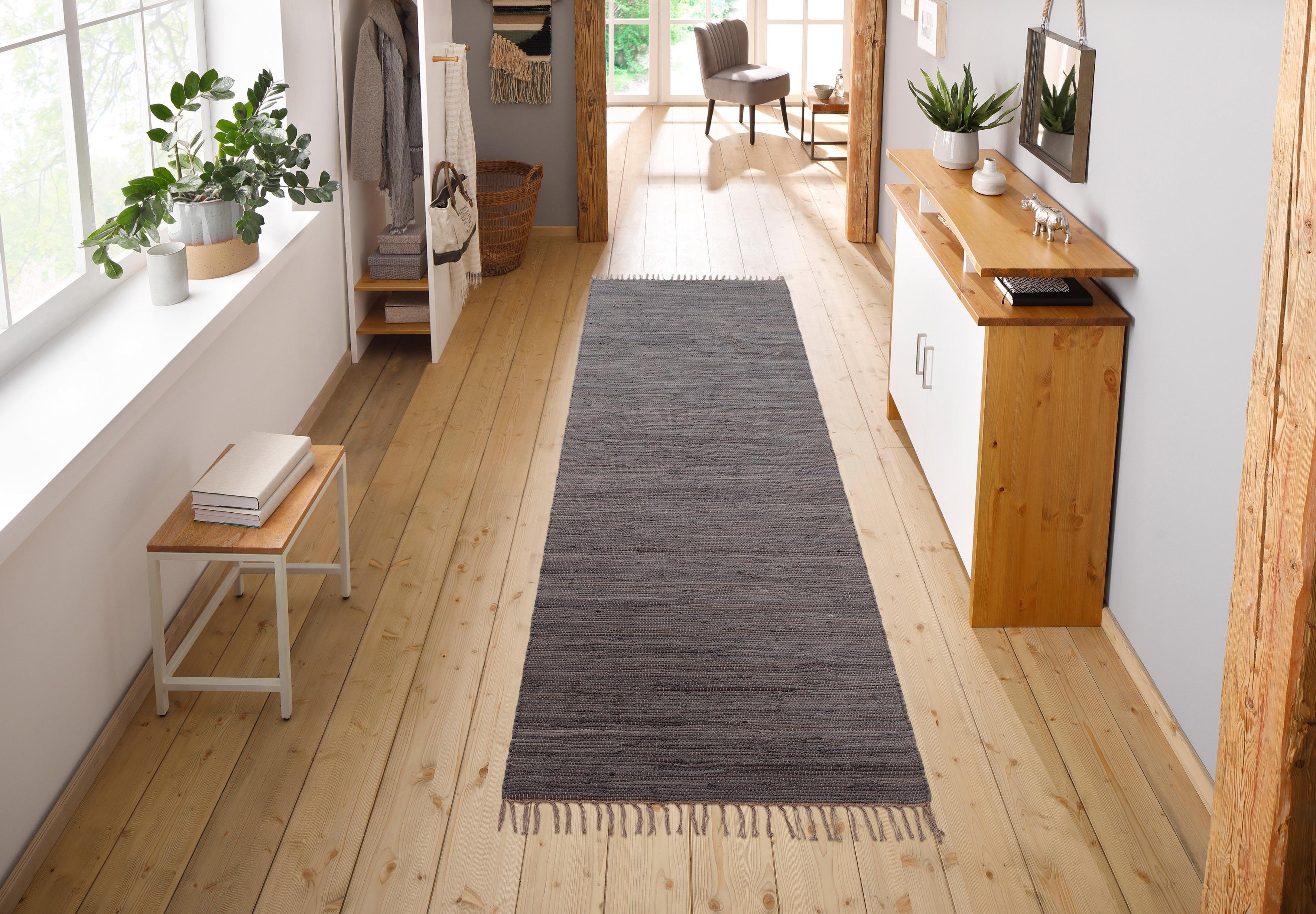 my home Vloerkleed Paul Omkeerbaar tapijt, uni, handgeweven, met franjes, 100% katoen, loper