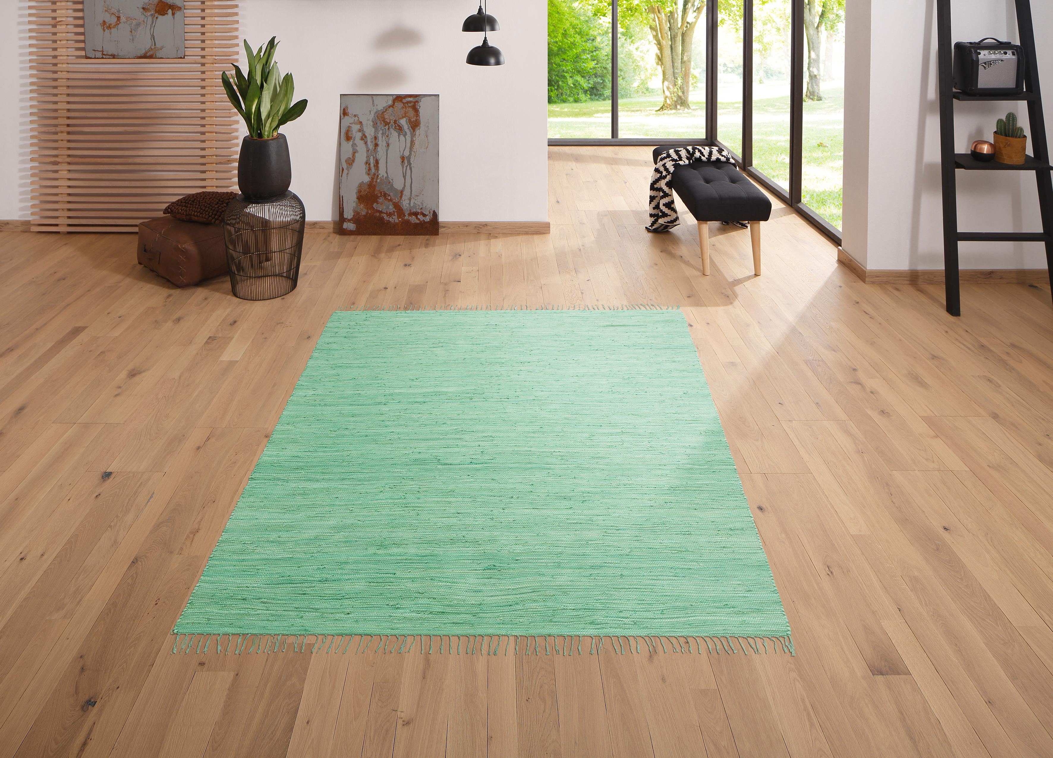 my home Vloerkleed Ares Effen kleuren, handgeweven, met franjes, puur katoen, wasbaar, loper