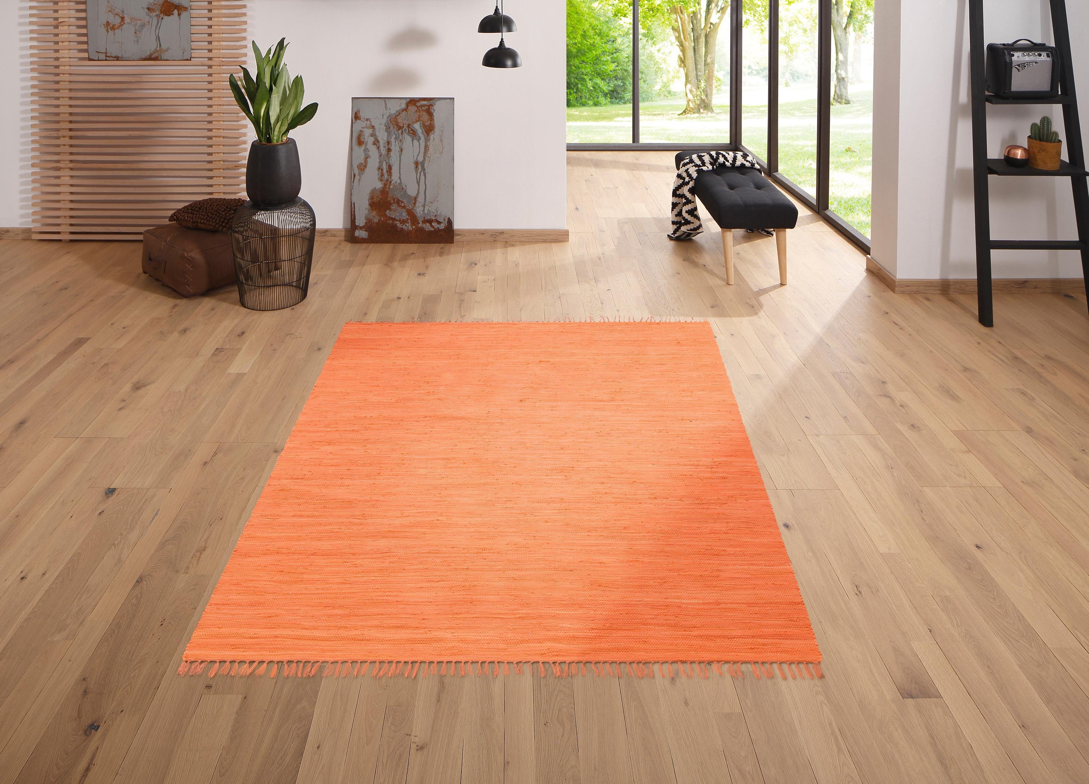 my home Vloerkleed Ares Uni kleuren, handgeweven, met franjes, puur katoen, wasbaar
