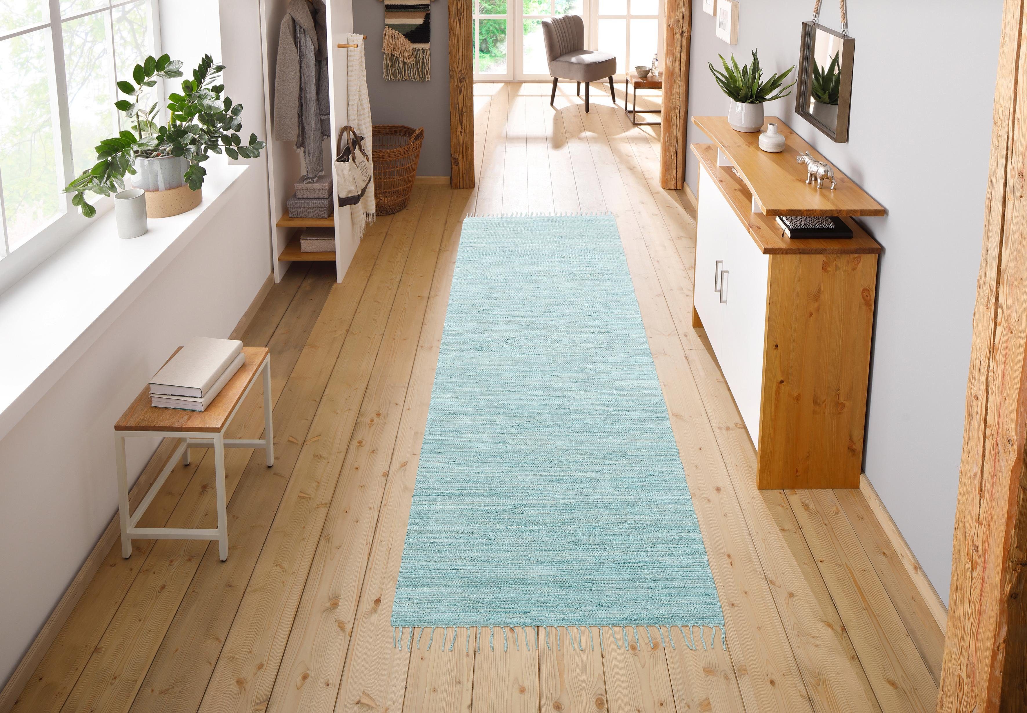 my home Vloerkleed Paul Omkeerbaar tapijt, uni, handgeweven, met franjes, 100% katoen, loper