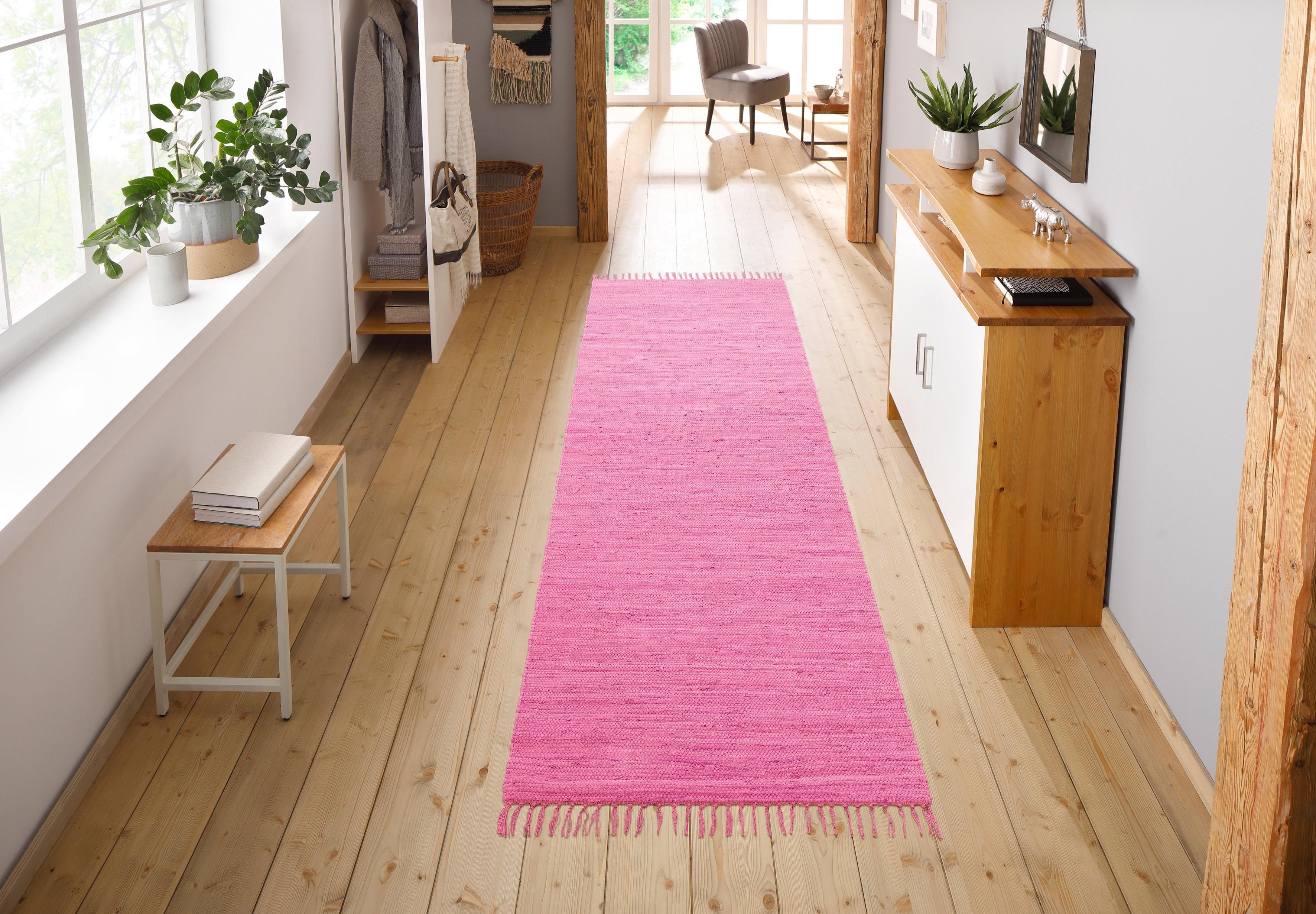 my home Vloerkleed Ares Uni kleuren, handgeweven, met franjes, puur katoen, wasbaar