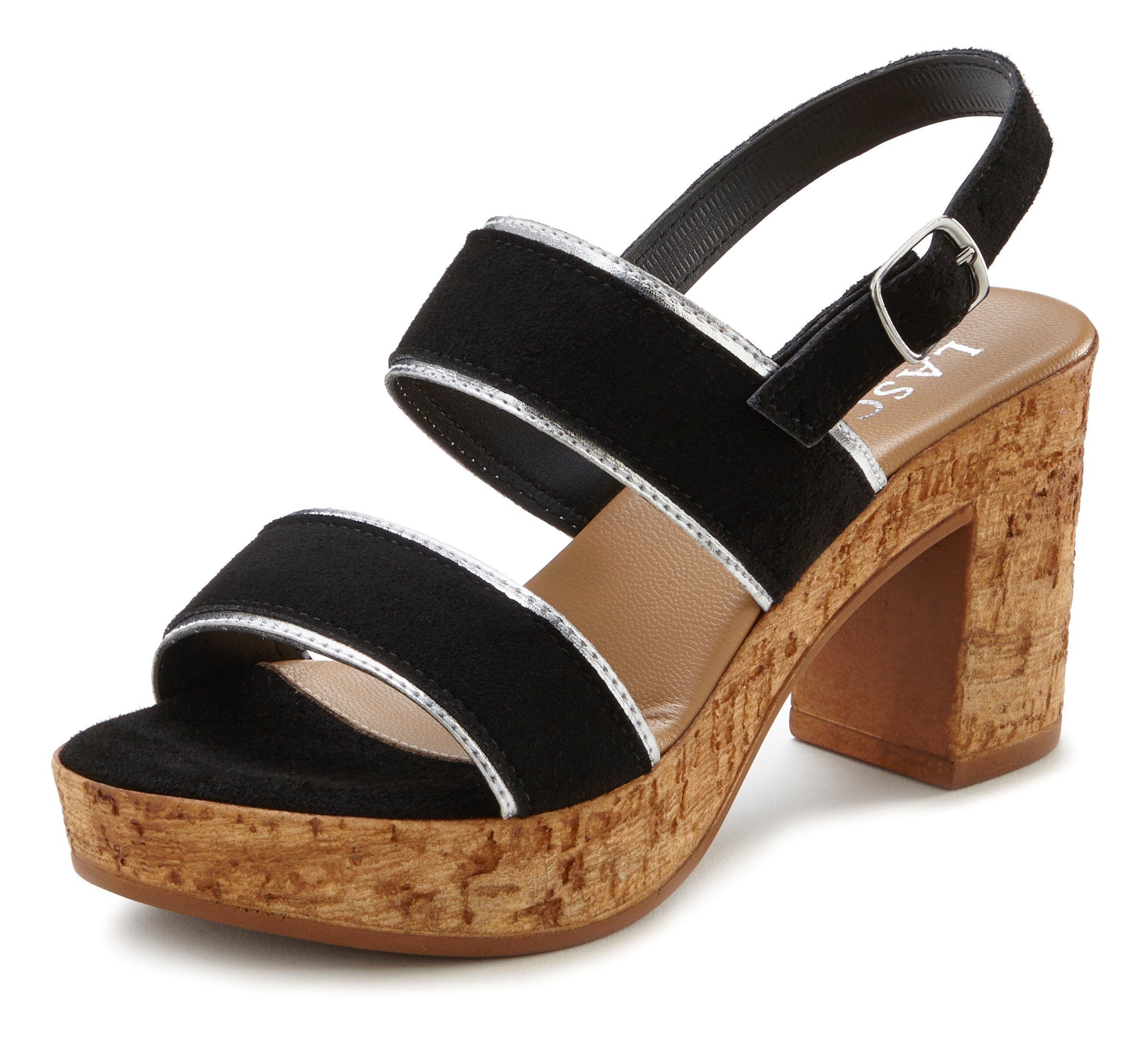 Lascana Sandaaltjes Bandjesandalen, sandalen, zomerschoenen van leer met kurken voetbed en plateau en blokhak