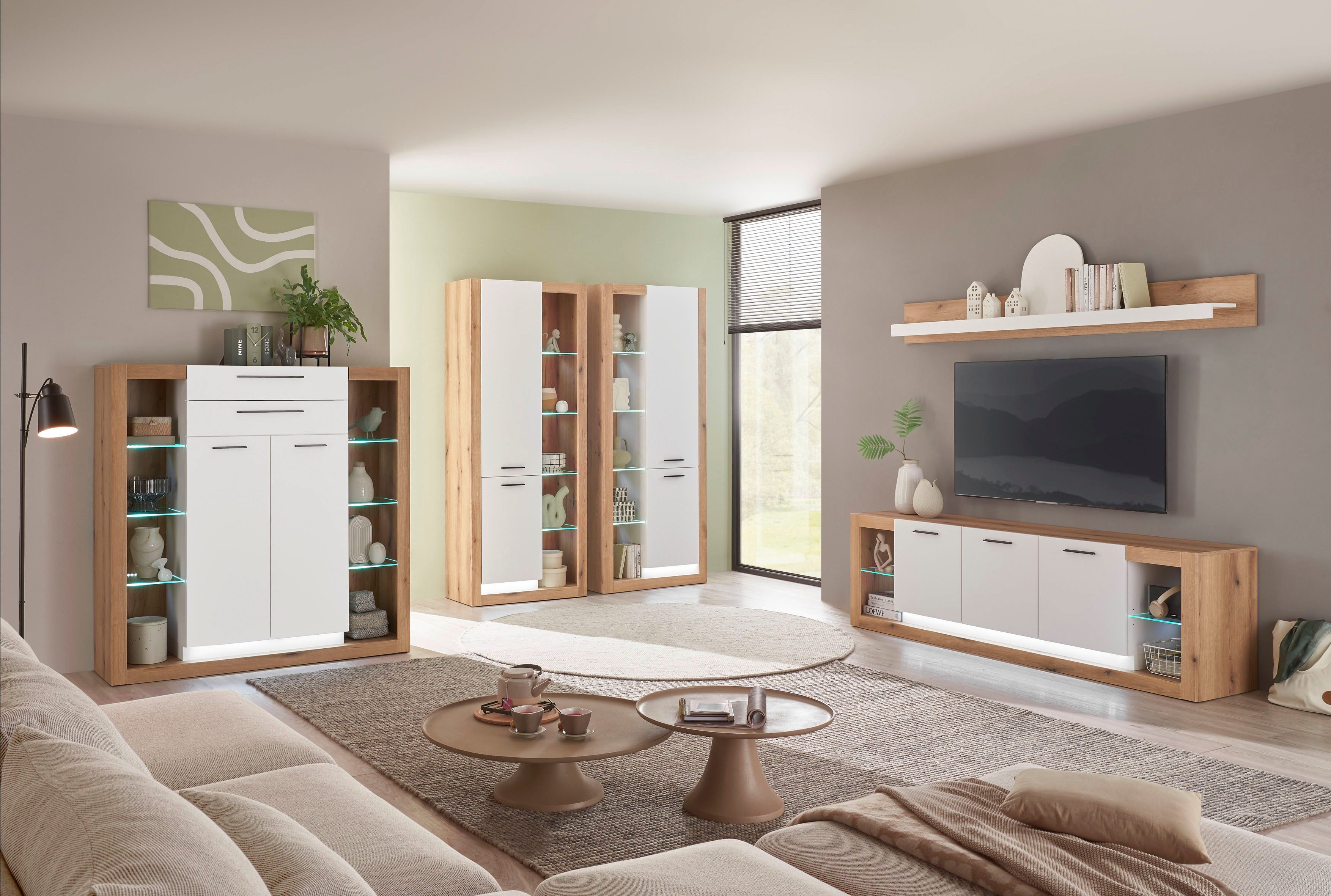 INOSIGN Vitrinekast Brixen, vitrinekast in eik decor, moderne staande vitrinekast Metalen grepen, voldoende opbergruimte, veelzijdig toepasbaar, 80 cm breed
