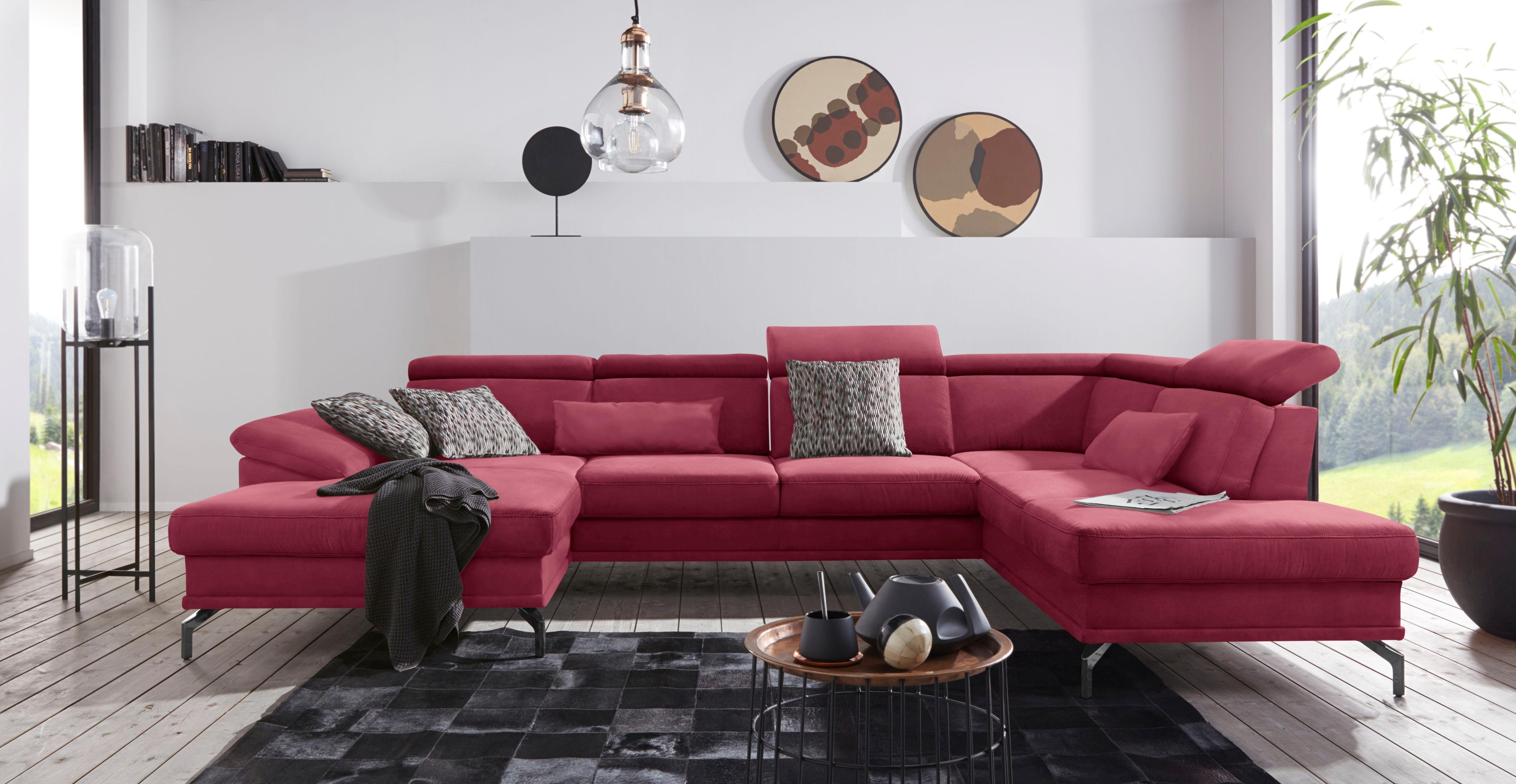 sit&more Zithoek Scorpio U-vorm inclusief zitdiepteverstelling, met verstelbare hoofdsteun en armleuning rood, zithoeken, Mega-récamier links, Met