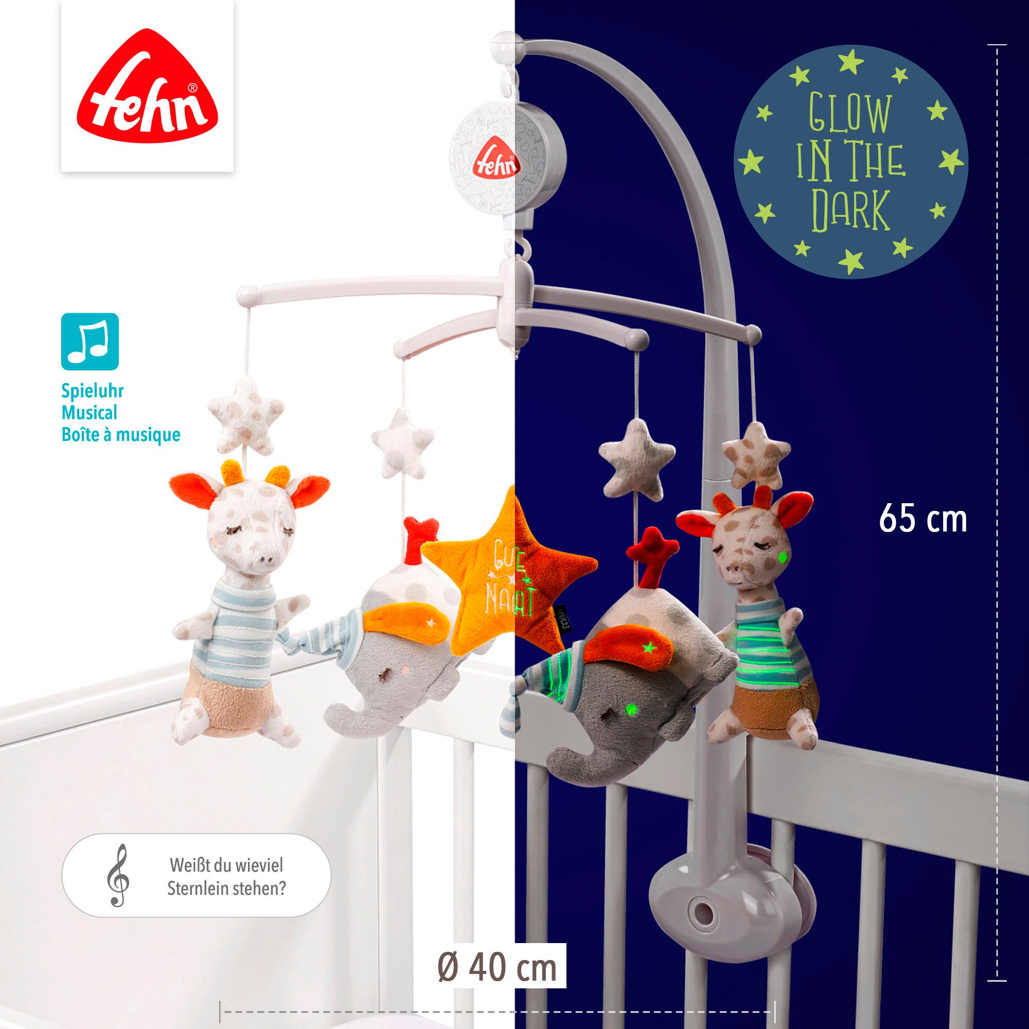 Fehn Mobiel Welterusten met speeldoosje en glow-in-the-dark-borduursel