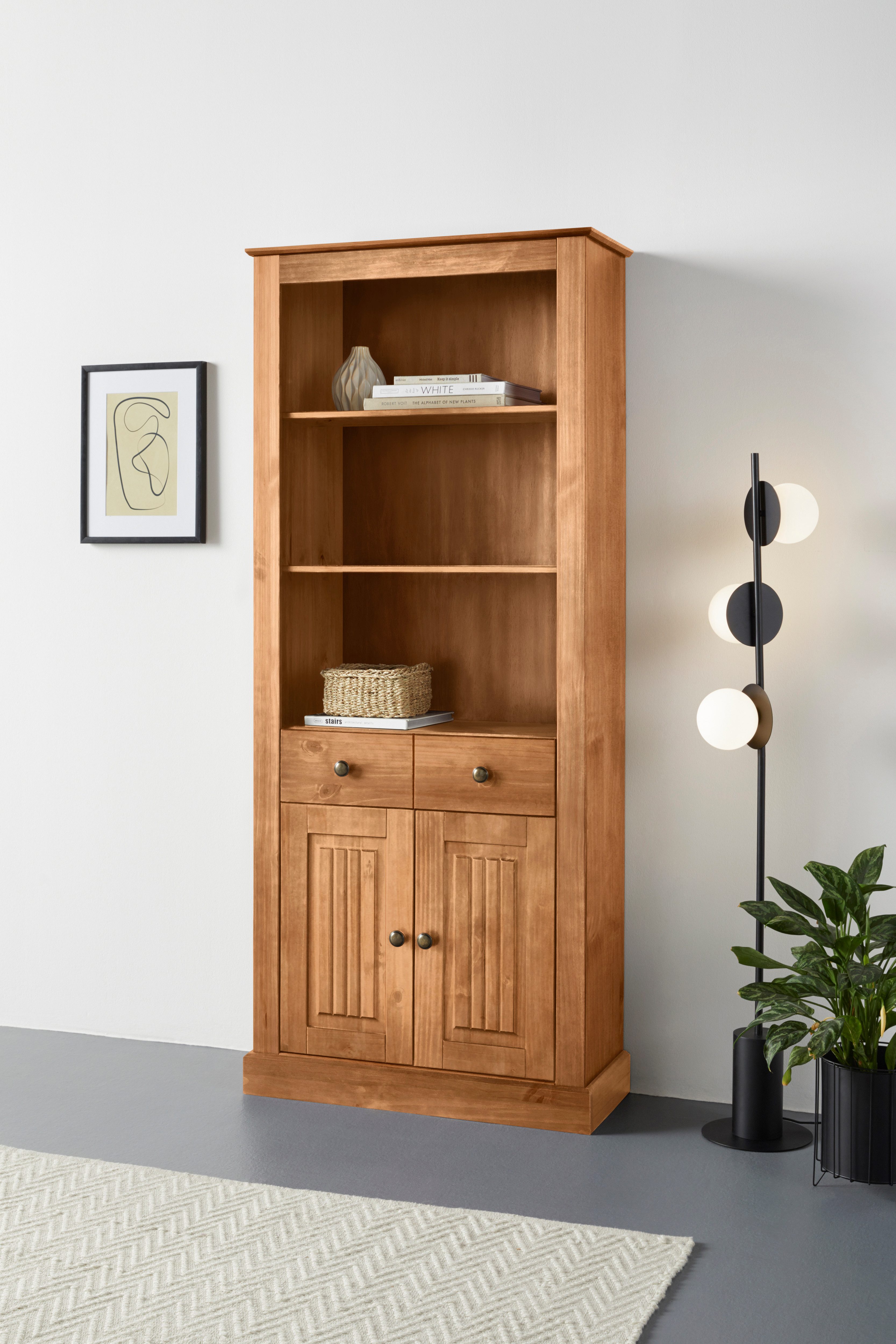 Home affaire Boekenkast Liotta met 3 verstelbare planken, 1 lade, massief grenen boekenkasten beige