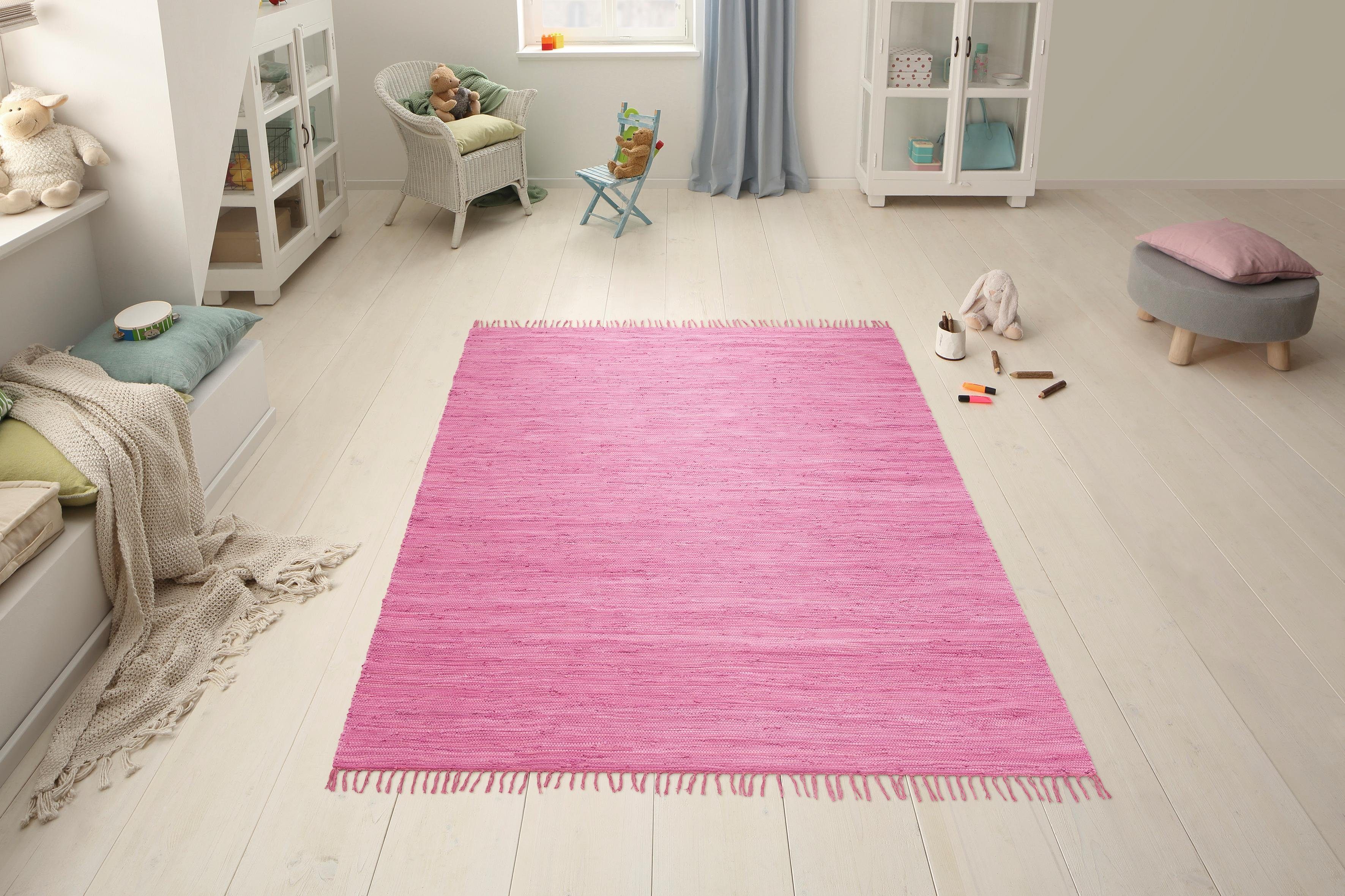 my home Vloerkleed Paul Omkeerbaar tapijt, uni, handgeweven, met franjes, 100% katoen, loper