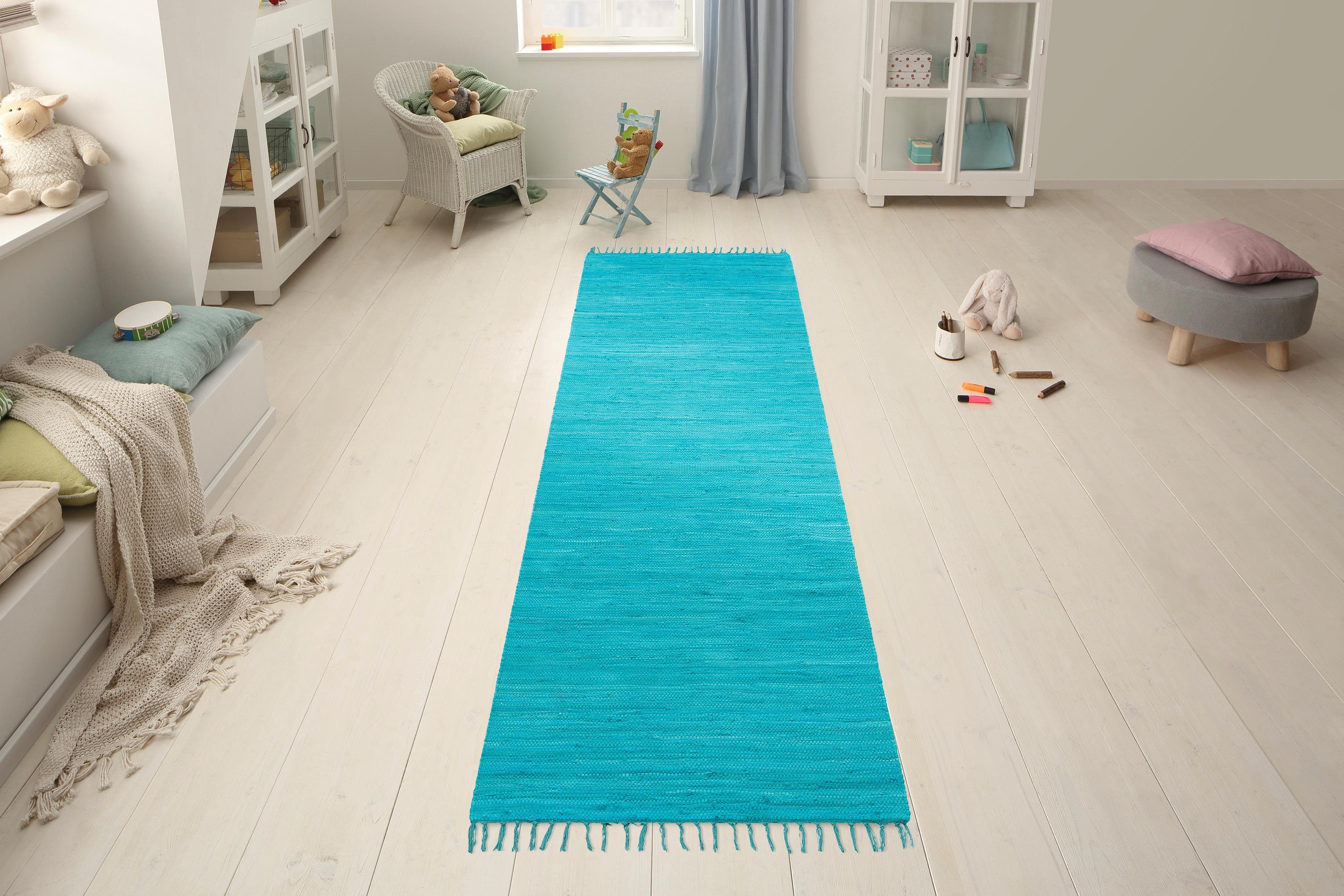 my home Vloerkleed Paul Omkeerbaar tapijt, uni, handgeweven, met franjes, 100% katoen, loper