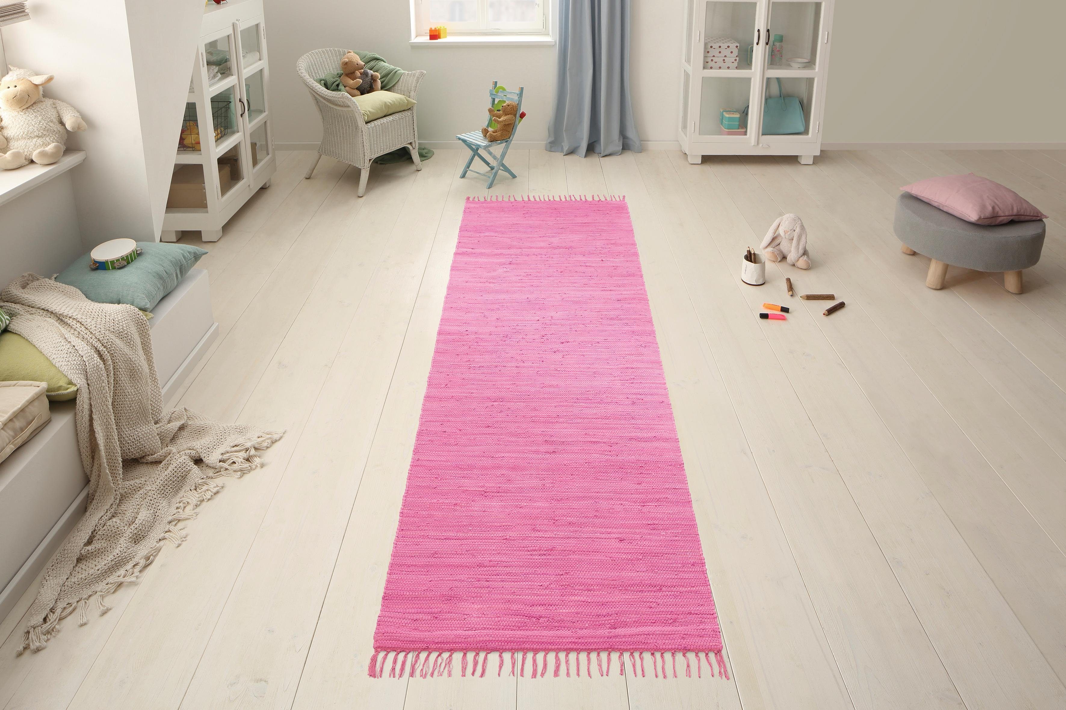my home Vloerkleed Paul Omkeerbaar tapijt, uni, handgeweven, met franjes, 100% katoen, loper