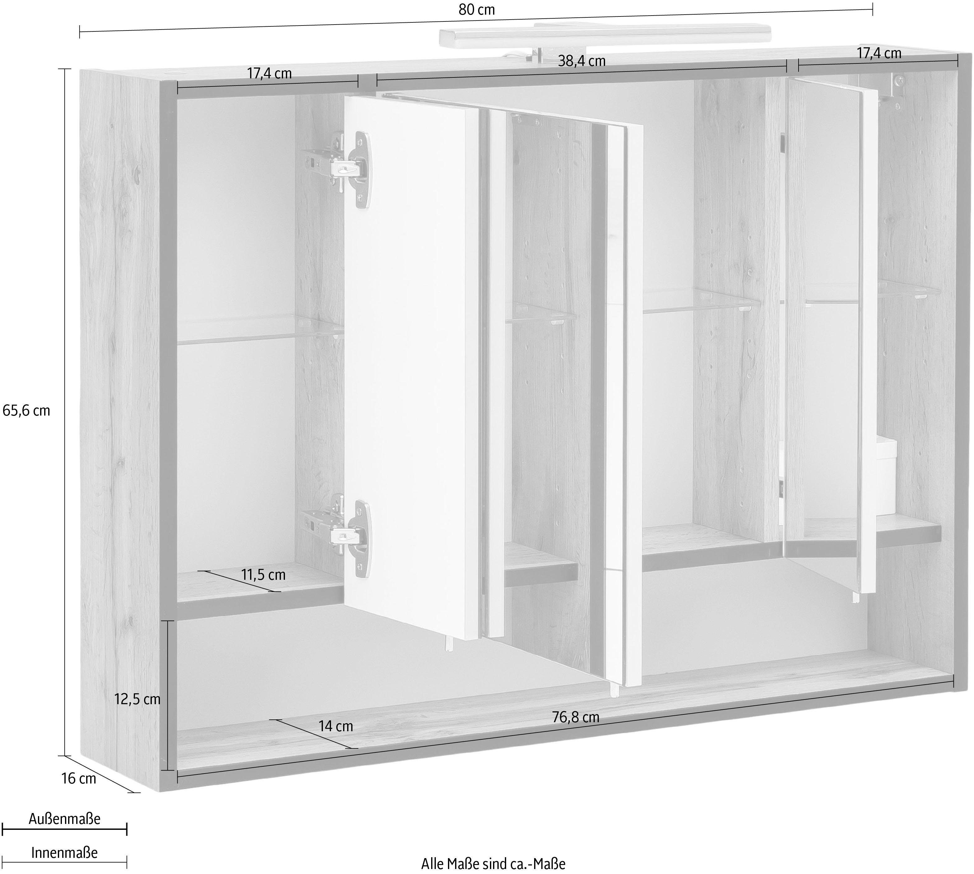Schildmeyer Spiegelkast Maxima made in Germany Breedte 80 cm, 3-deurs, ledverlichting, schakelaar-/stekkerdoos