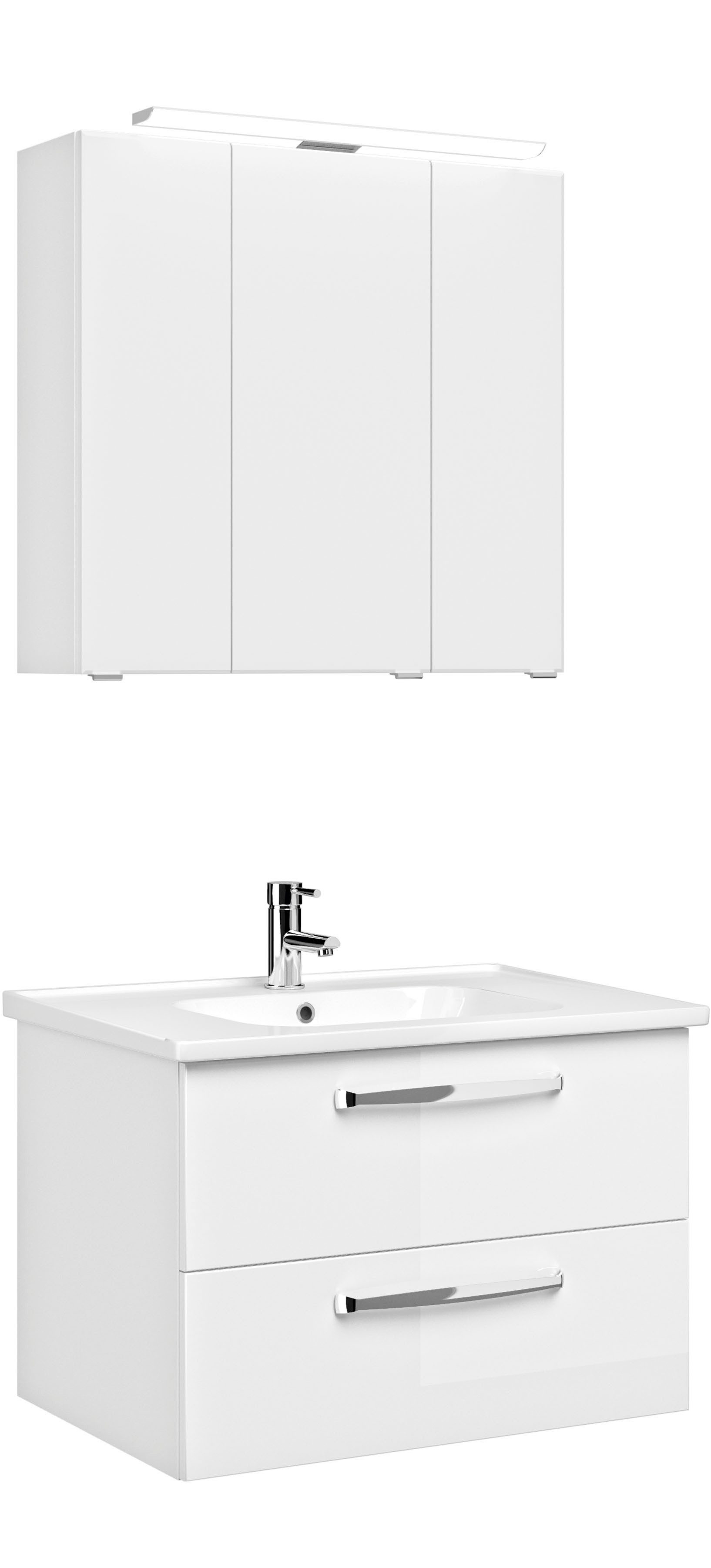 Saphir Badmeubelset Trentino 2-delig keramische wasbak, spiegelkast met LED-lamp Badkamermeubel-set 79cm breed, incl. deurdemper, 3 deuren, 2 lades (3