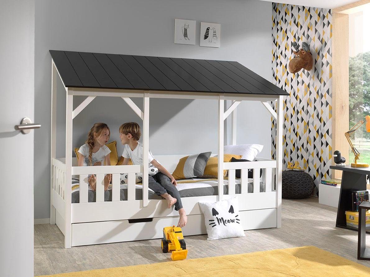 Vipack Kinderledikant Huisbed, van MDF en massief hout, dak zwart of wit
