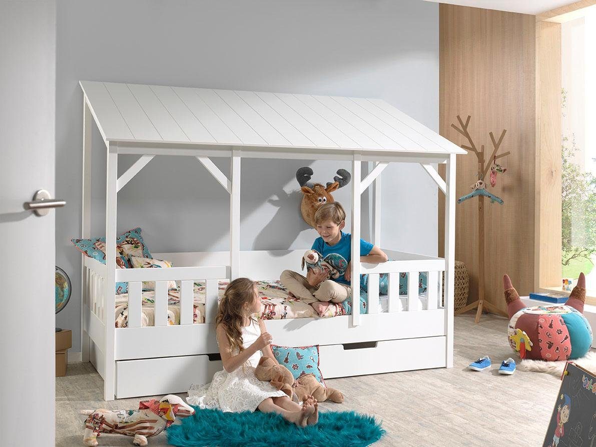 Vipack Kinderledikant Huisbed, van MDF en massief hout, dak zwart of wit