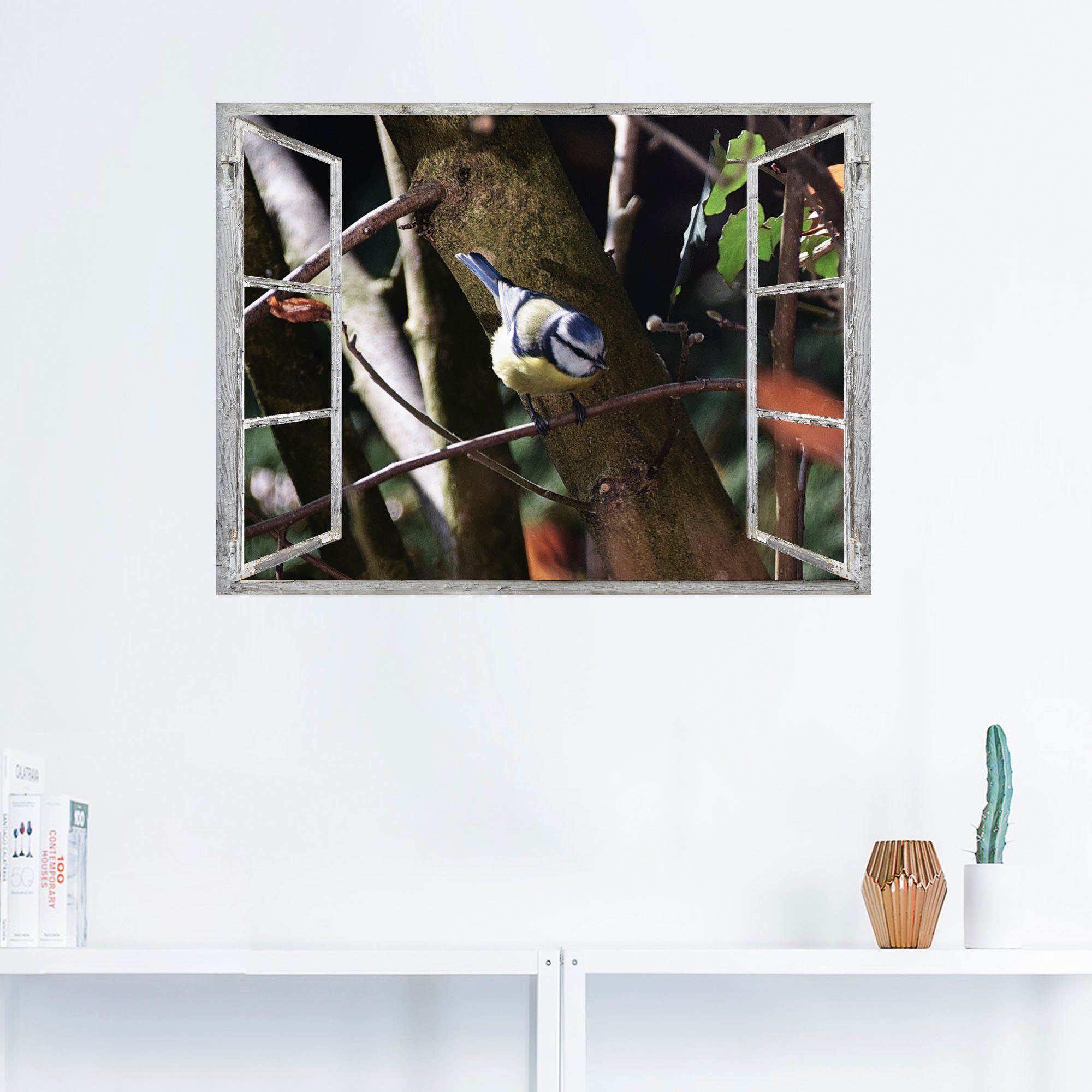 Artland Artprint Blik uit het venster - pimpelmees als artprint van aluminium, artprint op linnen, muursticker of poster in verschillende maten