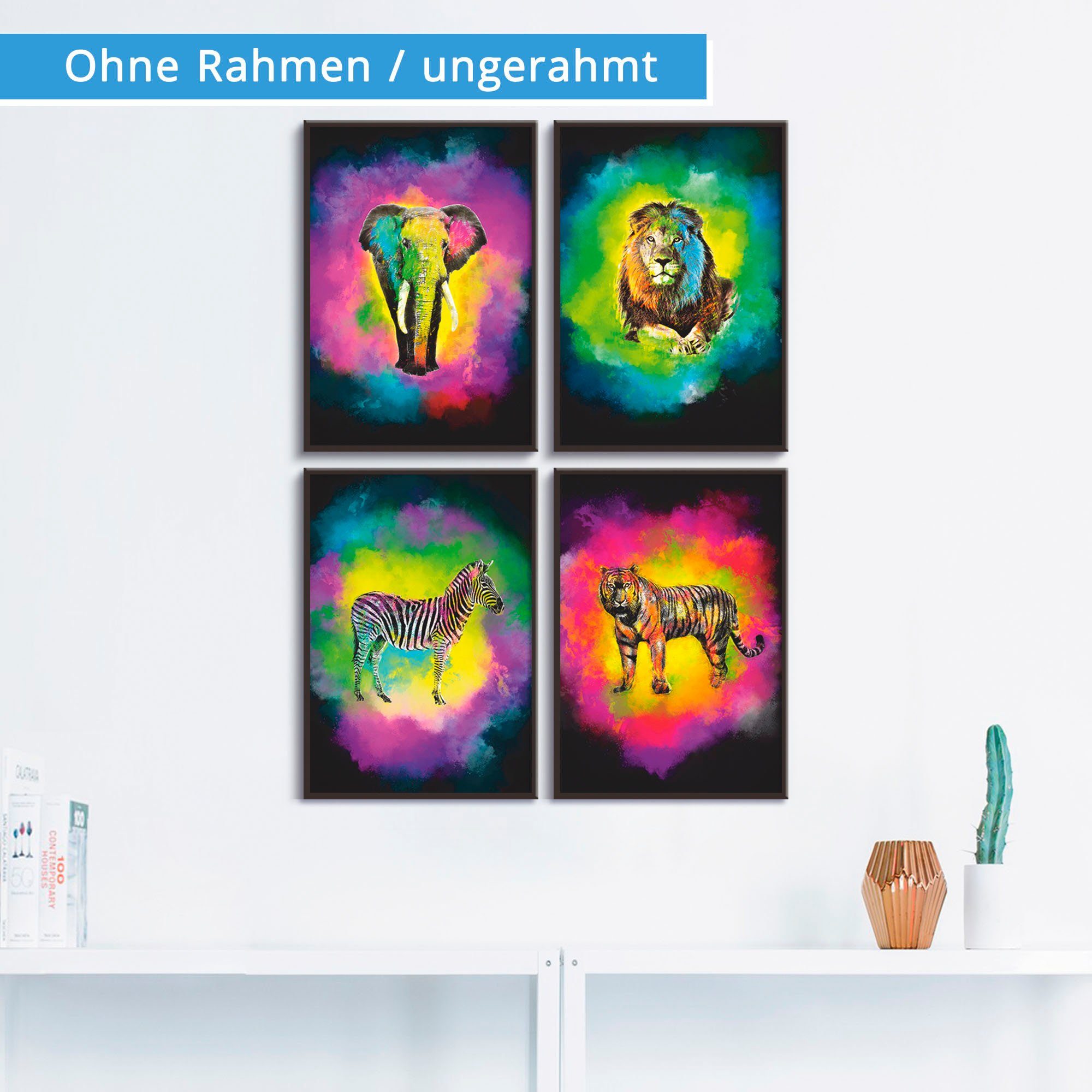 Artland Poster Kleurexplosie olifant leeuw zebra tijger (4 stuks)