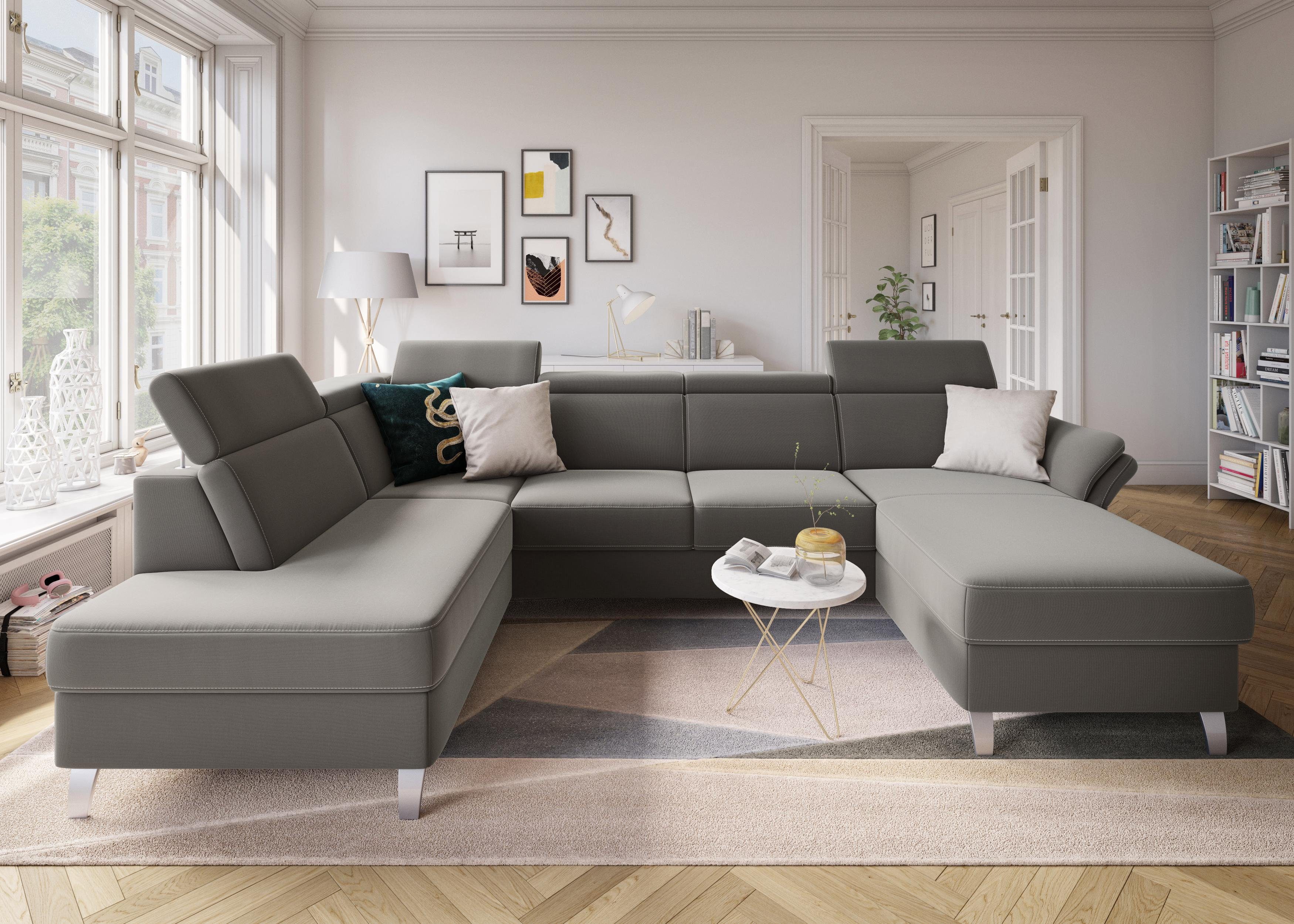 sit&more Zithoek Vincenzo U-vorm met verstelbare hoofdsteun, naar keuze met slaapfunctie, bedkist grijs, zithoeken, 317 cm