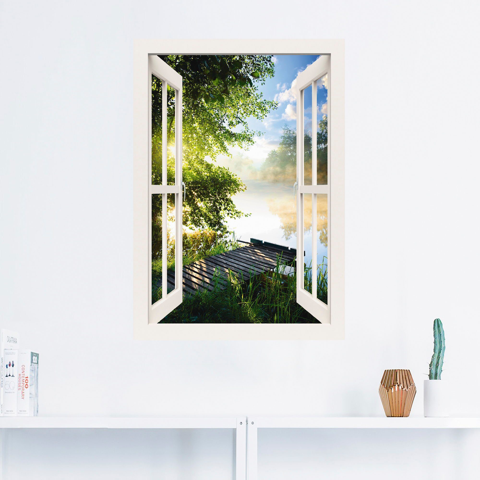 Artland Artprint Blik uit het venster visplek bij de rivier als artprint van aluminium, artprint voor buiten, artprint op linnen, poster, muursticker