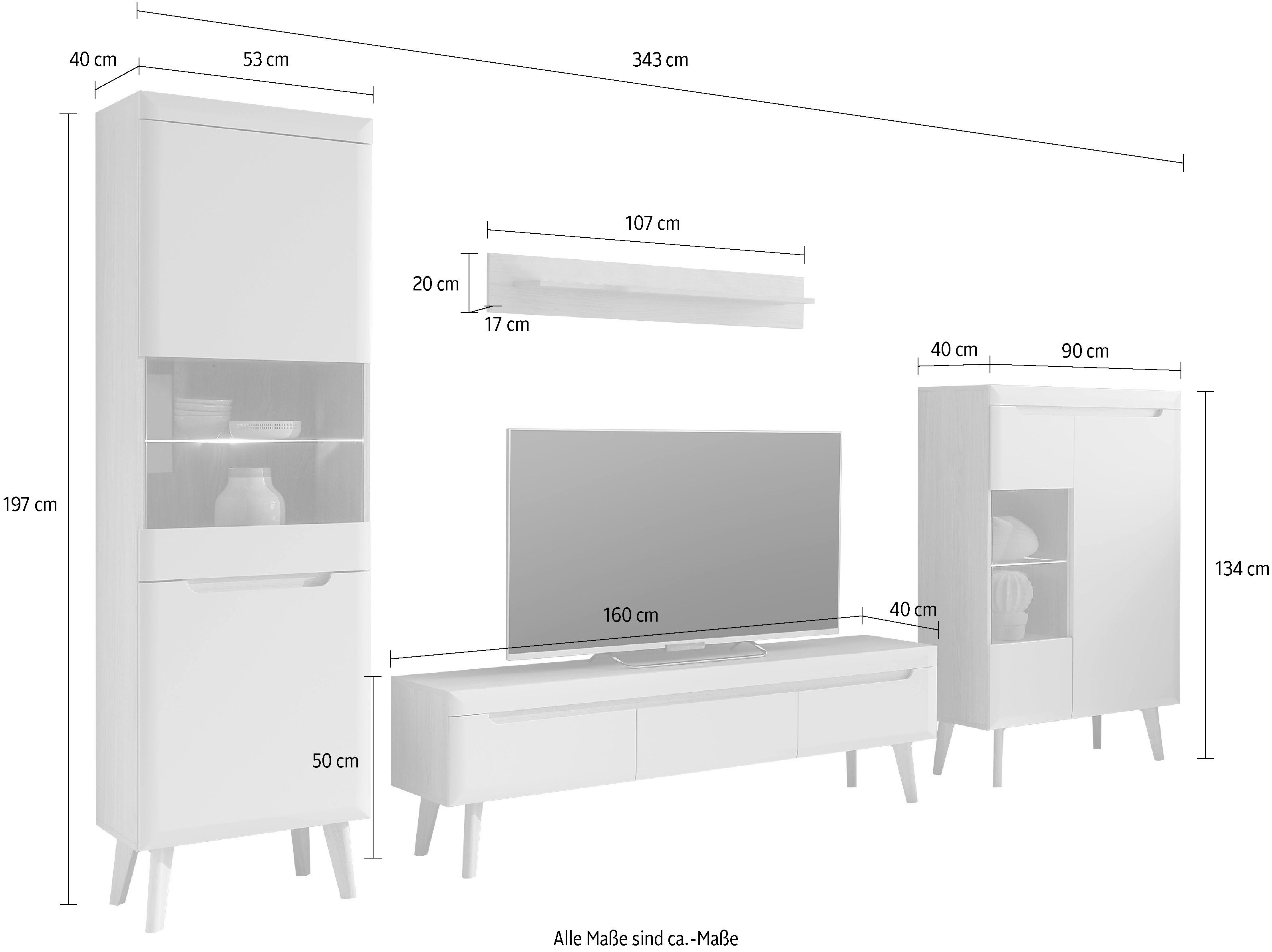 INOSIGN Wandmeubel Torge, wandmeubel, kastwand, mediawand, woonkamer-set bevat 2 vitrines, 1 lowboard, 1 wandplank, 343 cm breed (set, 4-delig)