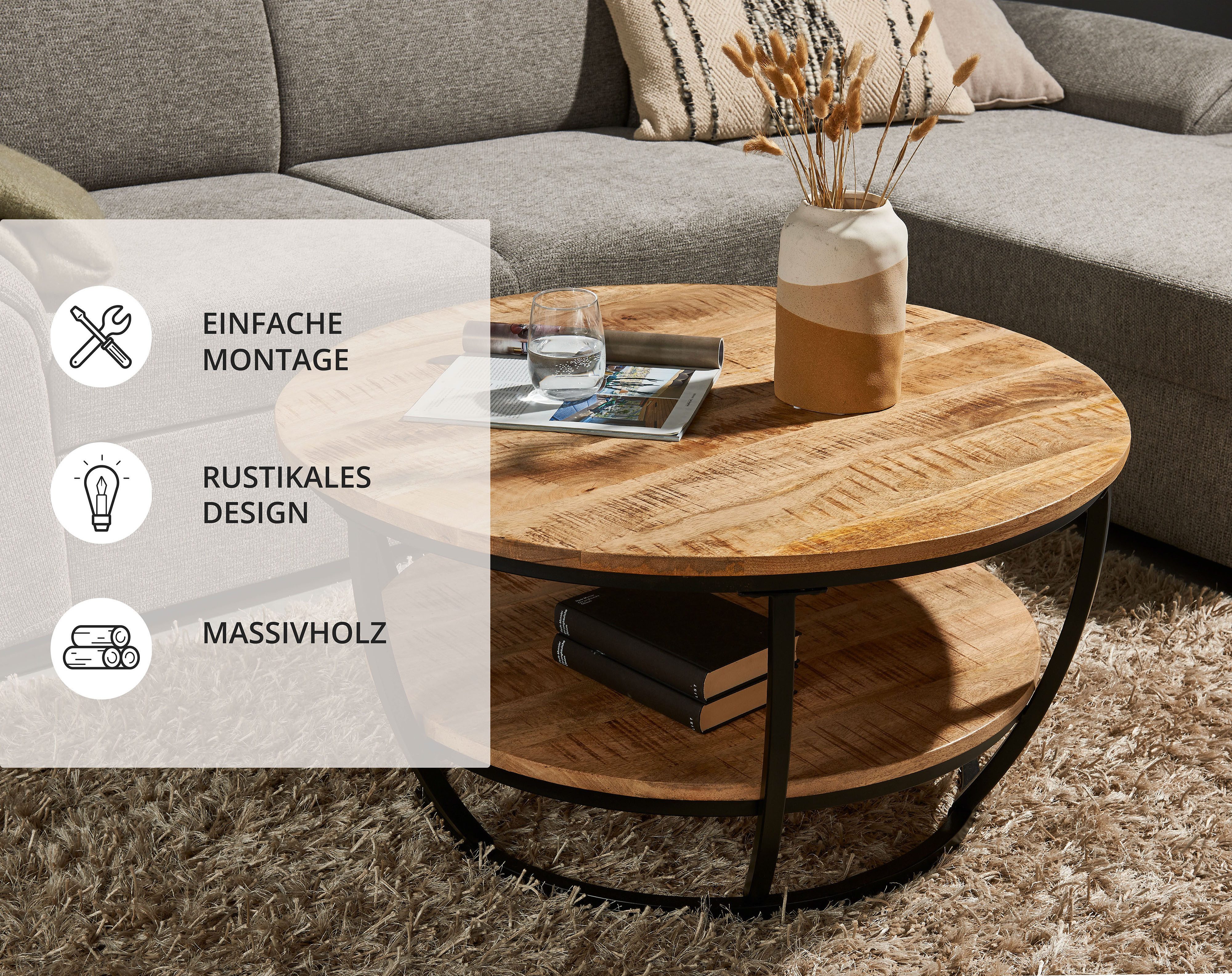 Stolkom Salontafel Jambi, TOPSELLER! rond massief hout met plank