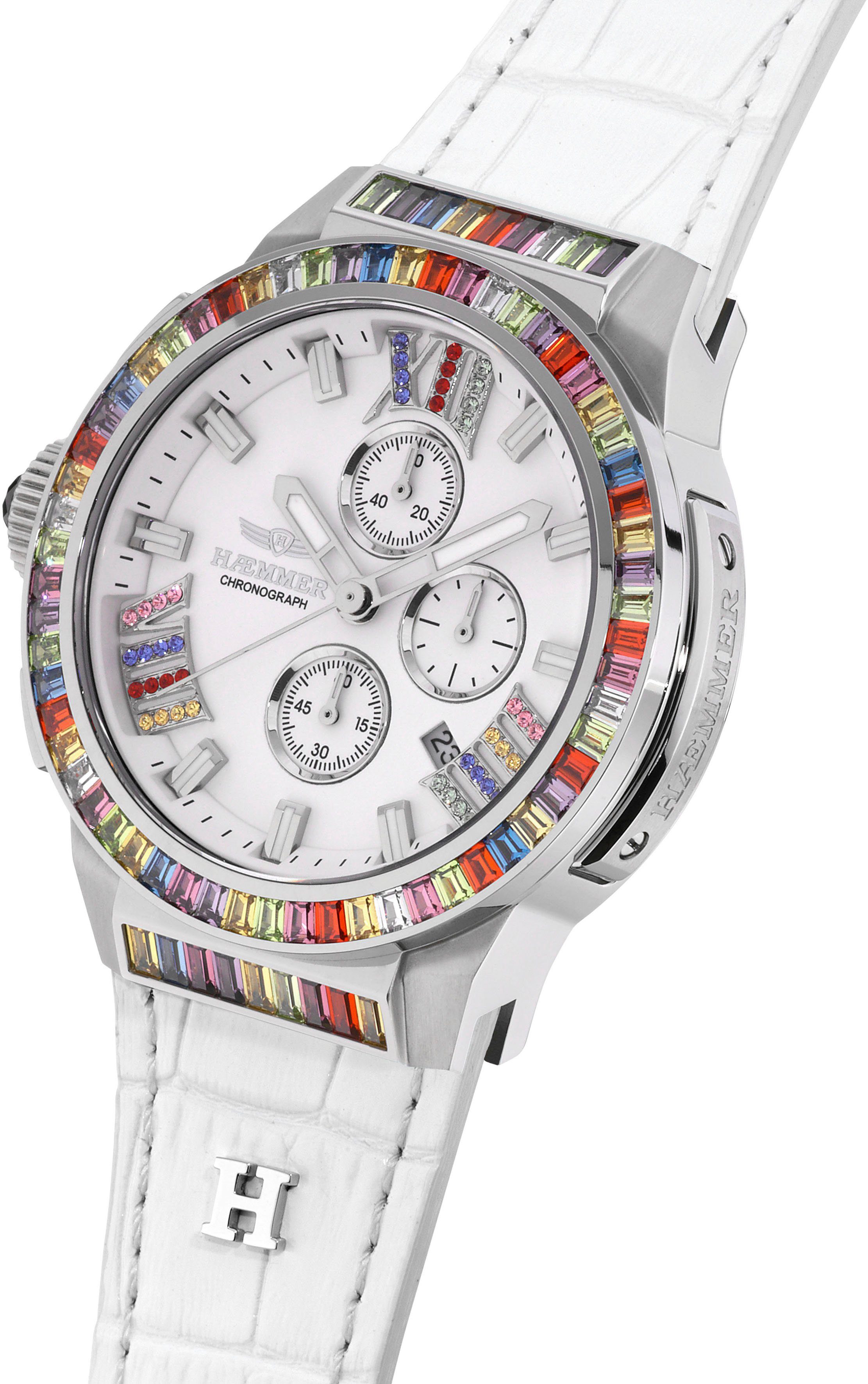HAEMMER GERMANY Chronograaf Glorious Quartzhorloge, dameshorloge, datum, stopwatchfunctie, saffierglas, leren band
